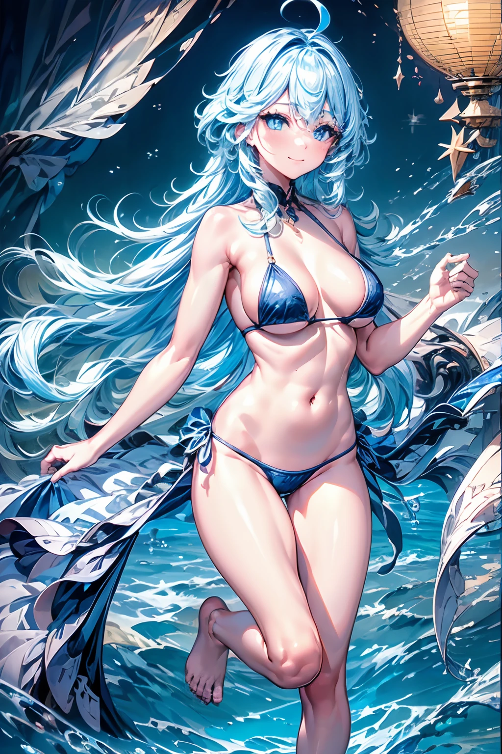 (superior quality, 8k, master piece, Superior image quality, hi-nothing, super detail, Ultra HD |, (delicate and smooth skin, real-looking skin, Perfect and beautiful face, Perfect and Cute Face, high detail skin , perfect limbs)), 1girl, Ahoge, (((thong bikini))), (muscular legs), (muscular belly), barefoot, standing, (((full body photo))), scenery on the beach of night with starry sky and full moon, 1.4M blue eyes, blue gemstone, blue nails, blushing, medium breasts, cleavage, closed mouth, blue colored inner hair, eyes visible through hair, heart-shaped pupils, long hair white, multicolored hair, smile, alone, Furina (Genshin Impact)
