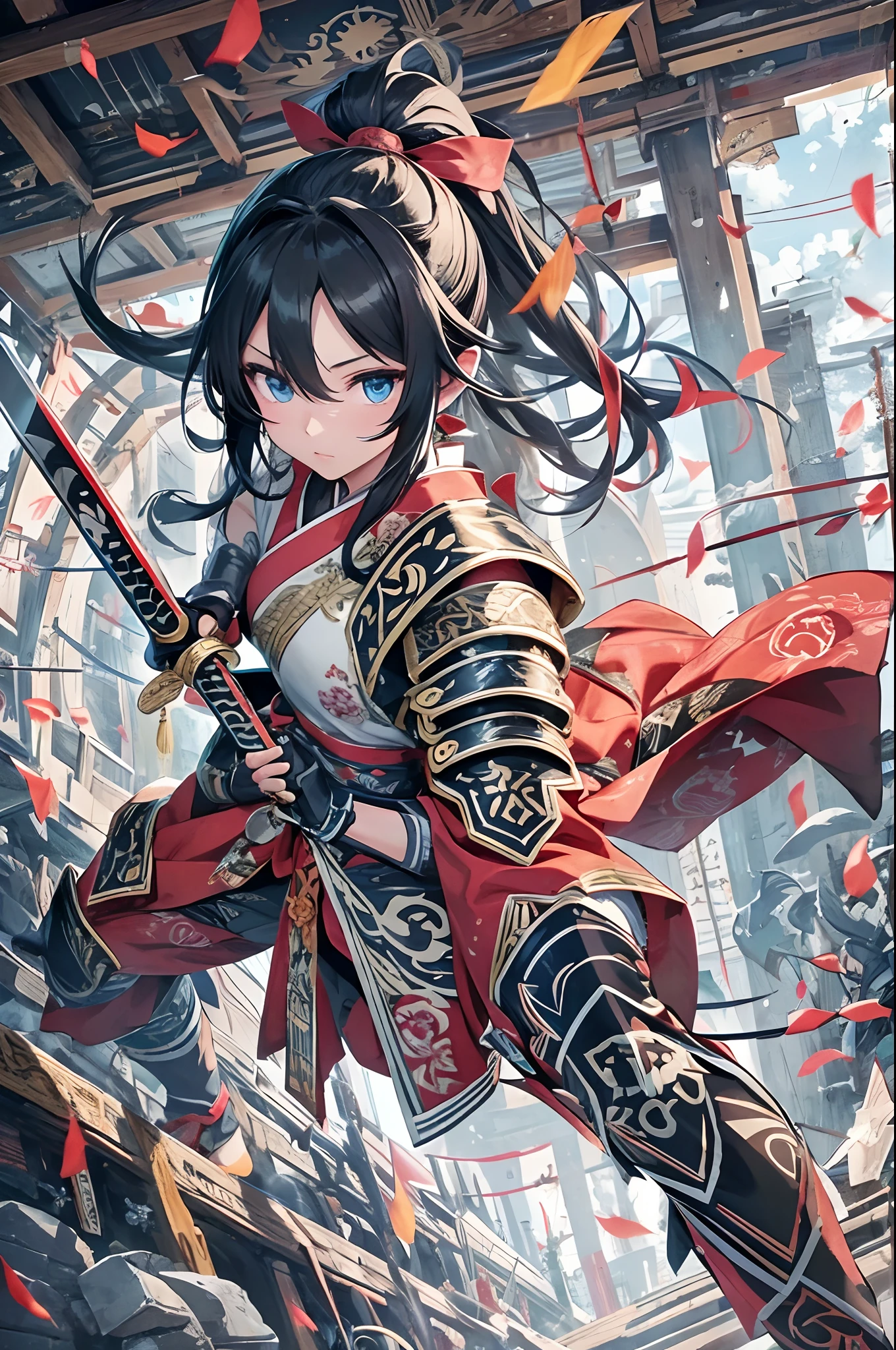 As a beautiful long-haired beauty、Fight with Japan-style weapons, 1girl in, Komono, Sword, arma, Solo, Blue eyes, Kimono, katanas, Holding, Black hair, Looking at Viewer, holding swords, holding weapon, Bangs, Ponytail, Long hair, with floral pattern, sash, Yin and Yang Diagram,Tai Chi diagram,Blurry background,BREAK, Calligraphy patterns, Artistic lettering, Beautiful script, penmanship, Visual poetry, cultural expression, Decorative writing