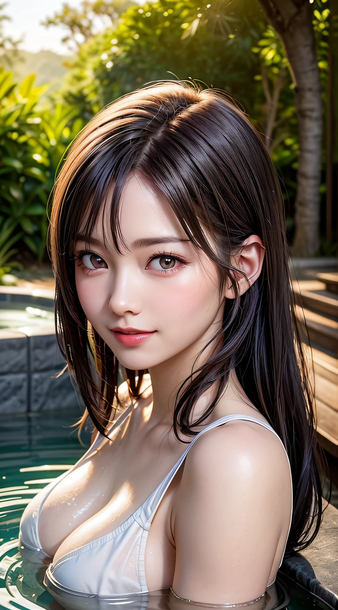 1girl, Extremely cute, Amazing face and eyes, (Beautiful lovely smile), (extremely detailed beautiful face), bright and shiny lips, sexy look, keep staring at me, smooth skin, super beautiful, attractive, (Best Quality:1.4), (hyper quality), (Ultra-detailed), (hyper-realistic, Photorealsitic:1.37), Authentic skin texture, complex details, extremely detailed CG unified 8k wallpaper, RAW Photos, professional photograpy, Cinematic lighting, (taking a bath in a hot spring), ((Hot springs, open-air baths, forests, forests, sunsets)),