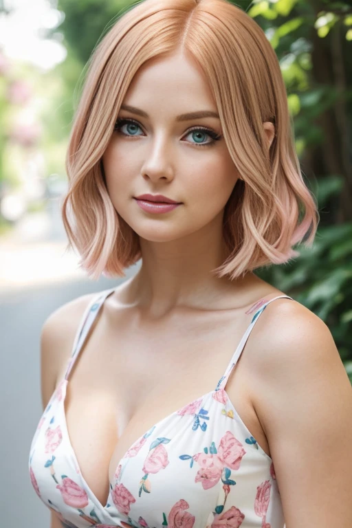 Petite 30 year old woman with light strawberryblonde hair in a straight undercut bob and striking blue eyes wearing eye liner, pink lips, in a white summer dress, detailed face, cleavage