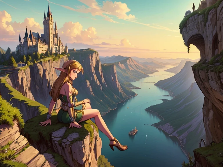 masterpiece, best quality, elf girl on top of a cliff, overlooking a big city with castle at the side of a mountain, aerial view