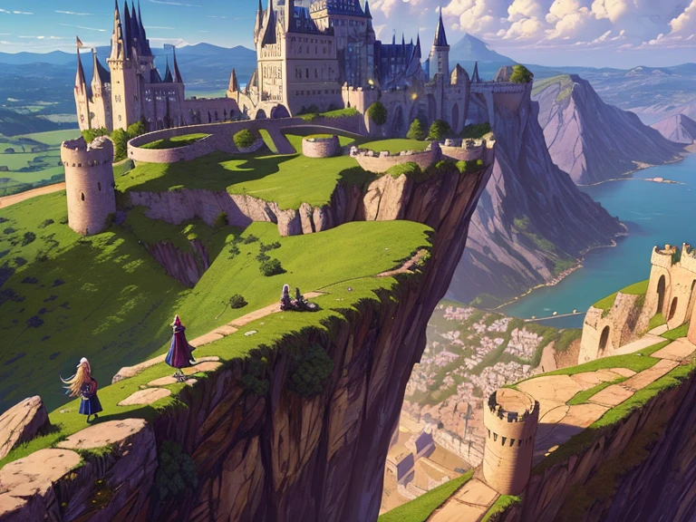 masterpiece, best quality, elf girl on top of a cliff, overlooking a big city with castle at the side of a mountain, aerial view