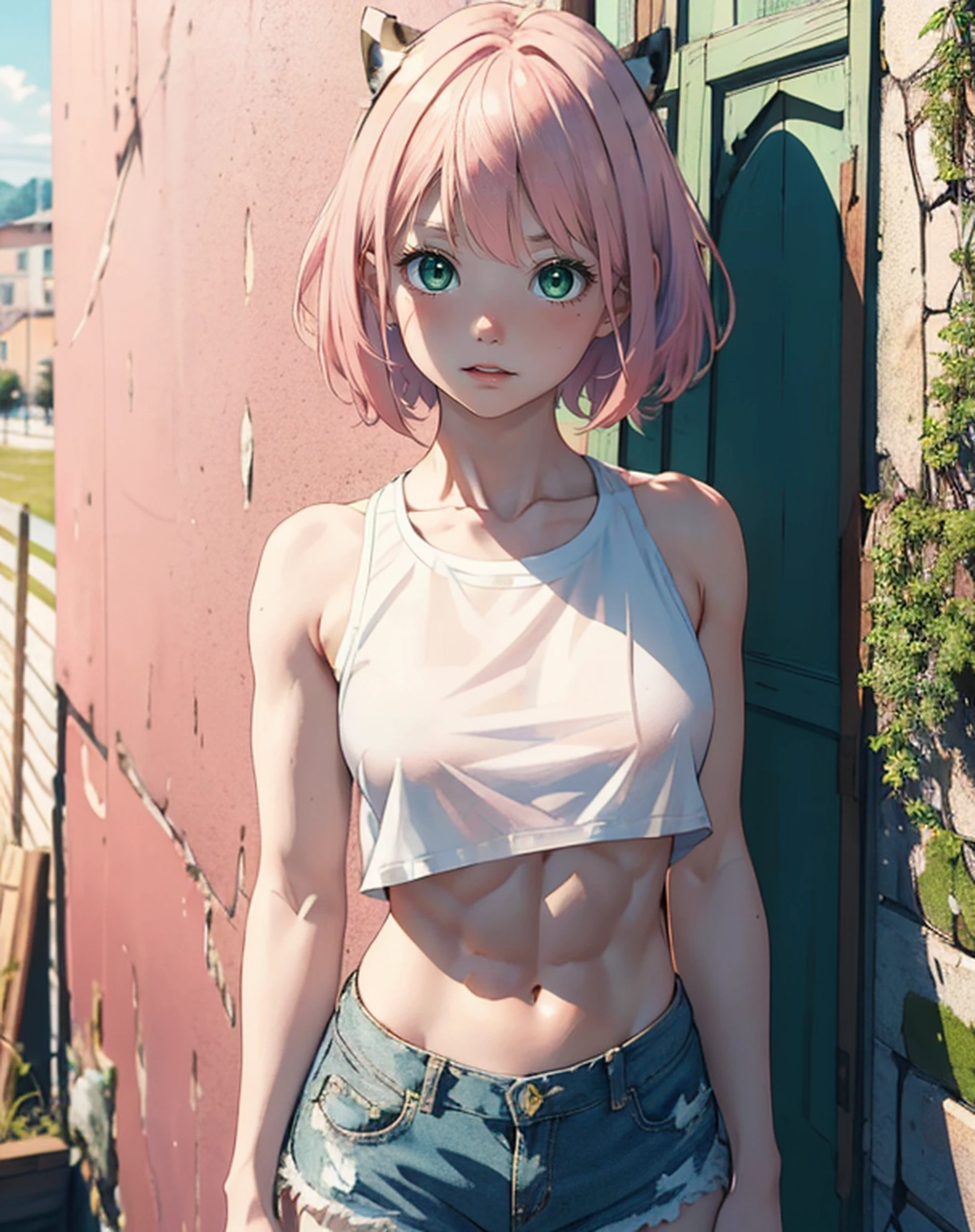 masterpiece, best quality, highres, ung woman, solo, /anya/,bangs,pink hair, short hair, green eyes,perfect body,abs:1.2, against wall, medium breast,(white crop top,shorts),(natural lighting),colorful,hd,(musculature:1.1), focus character,(sience fiction),(seamless wallpaper:1.2),small twin horns,