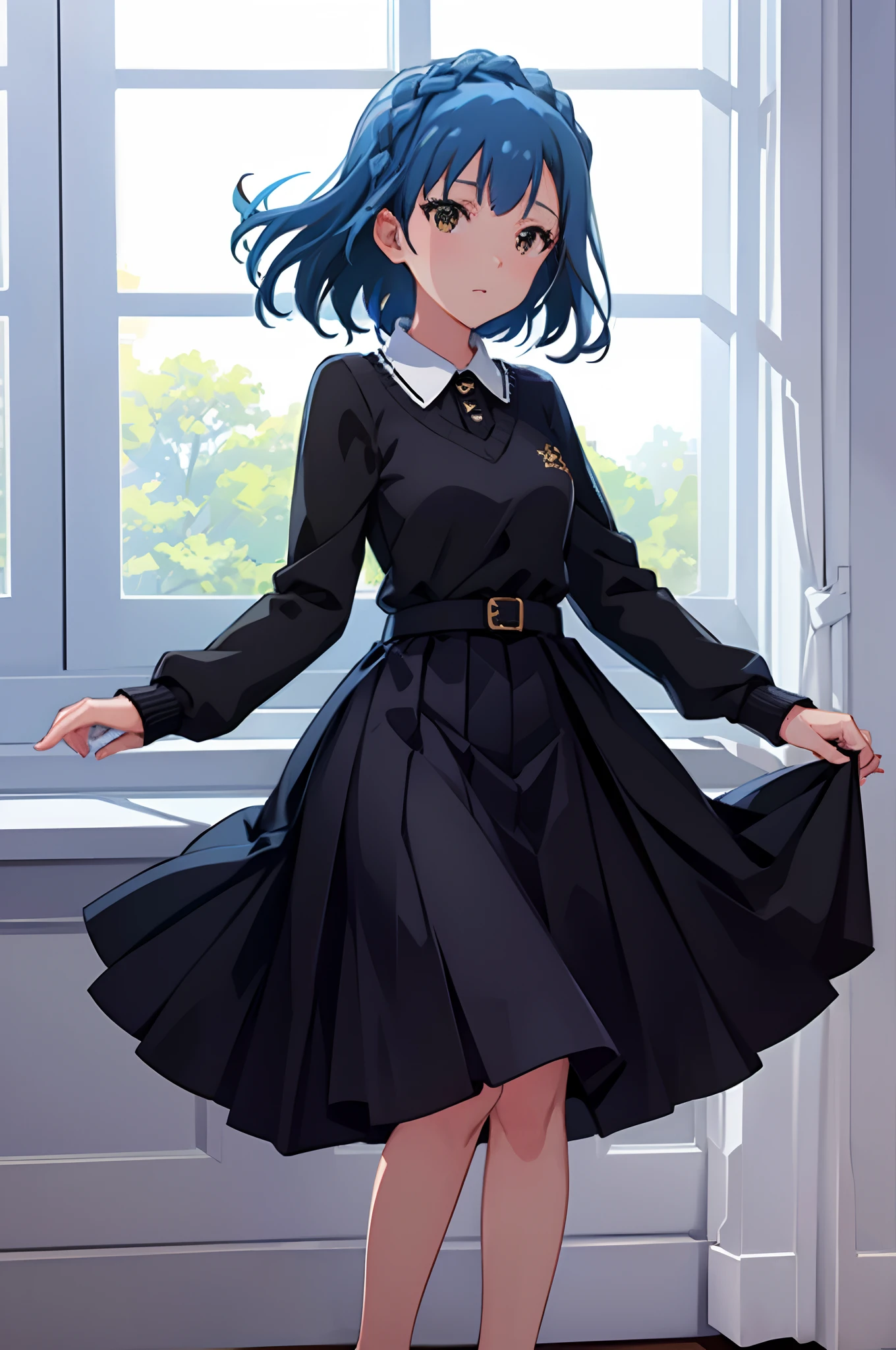 yuriko nanao (million live), 1 girl, Solo, Cute Girl, Best Quality, Ultra-detailed, 8K, High resolution, Detailed face, (portrait:1.2), Bob Hair, white collared shirt, long sleeves, (((black jumper dress, long skirt))), standing near the window,