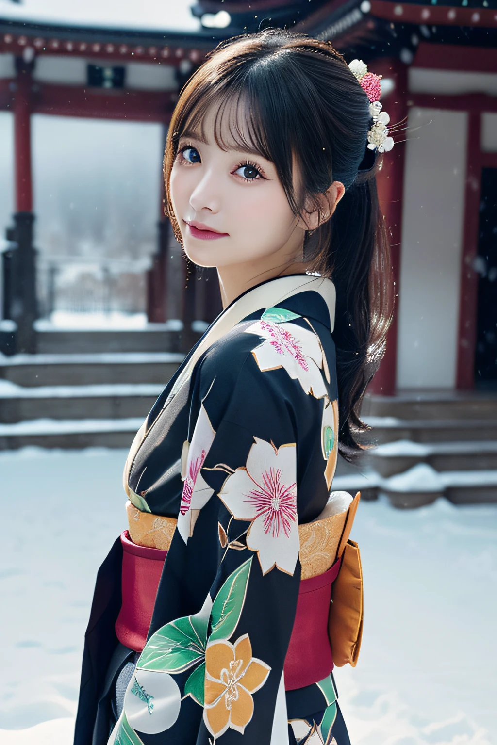 (Kimono)、、(top-quality,​masterpiece:1.3,超A high resolution,),(ultra-detailliert,Caustics),(Photorealsitic:1.4,RAW shooting,)Ultra-realistic capture,A highly detailed,high-definition16Kfor human skin、 Skin texture is natural、、The skin looks healthy with an even tone、 Use natural light and color,One Woman,japanes,,kawaii,A dark-haired,Middle hair,(depth of fields、chromatic abberation、、Wide range of lighting、Natural Shading、)、、(Falling snow:1.3)、(Hair swaying in the wind:1.3)、(Snow reflects light:1.3)