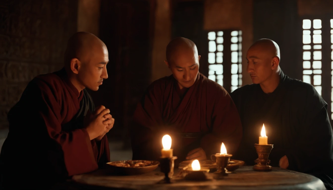 A handsome, Handsome, Strong, Muscular, Bald monks of the Uyghur ethnic group，sits at a table，(（Hold your cheek with your right hand）)，(His eyes were slightly closed, His expression was calm and contemplative)，Sideslit，There was an oil lamp on the table，Dark tone，Cinematic footage，Front Shooting，Perfectcomposition