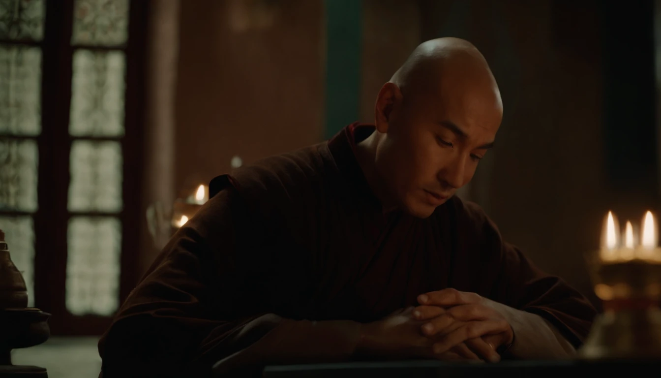 A handsome, Handsome, Strong, Muscular, Bald monks of the Uyghur ethnic group，sits at a table，(（Hold your cheek with your right hand）)，(His eyes were slightly closed, His expression was calm and contemplative)，Sideslit，There was an oil lamp on the table，Dark tone，Cinematic footage，Front Shooting，Perfectcomposition