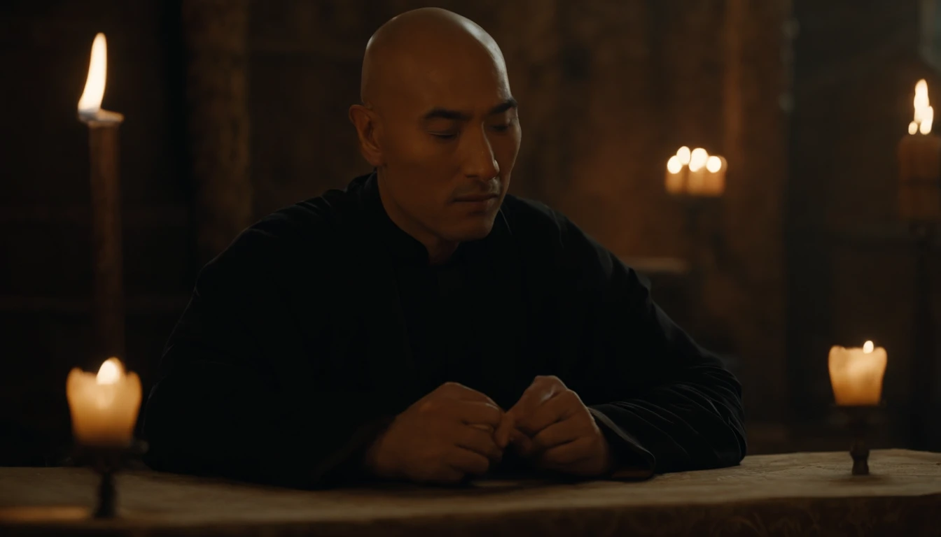 A handsome, Handsome, Strong, Muscular, Bald monks of the Uyghur ethnic group,sits at a table,((Hold your cheek with your right hand)),(His eyes were slightly closed, His expression was calm and contemplative),Sideslit,There was an oil lamp on the table,Dark tone,Cinematic footage,Front Shooting,Perfectcomposition