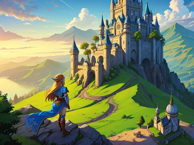 Zelda Style Scenery, masterpiece, best quality, elf girl on top of a cliff, overlooking a big city with castle at the side of a mountain, aerial view