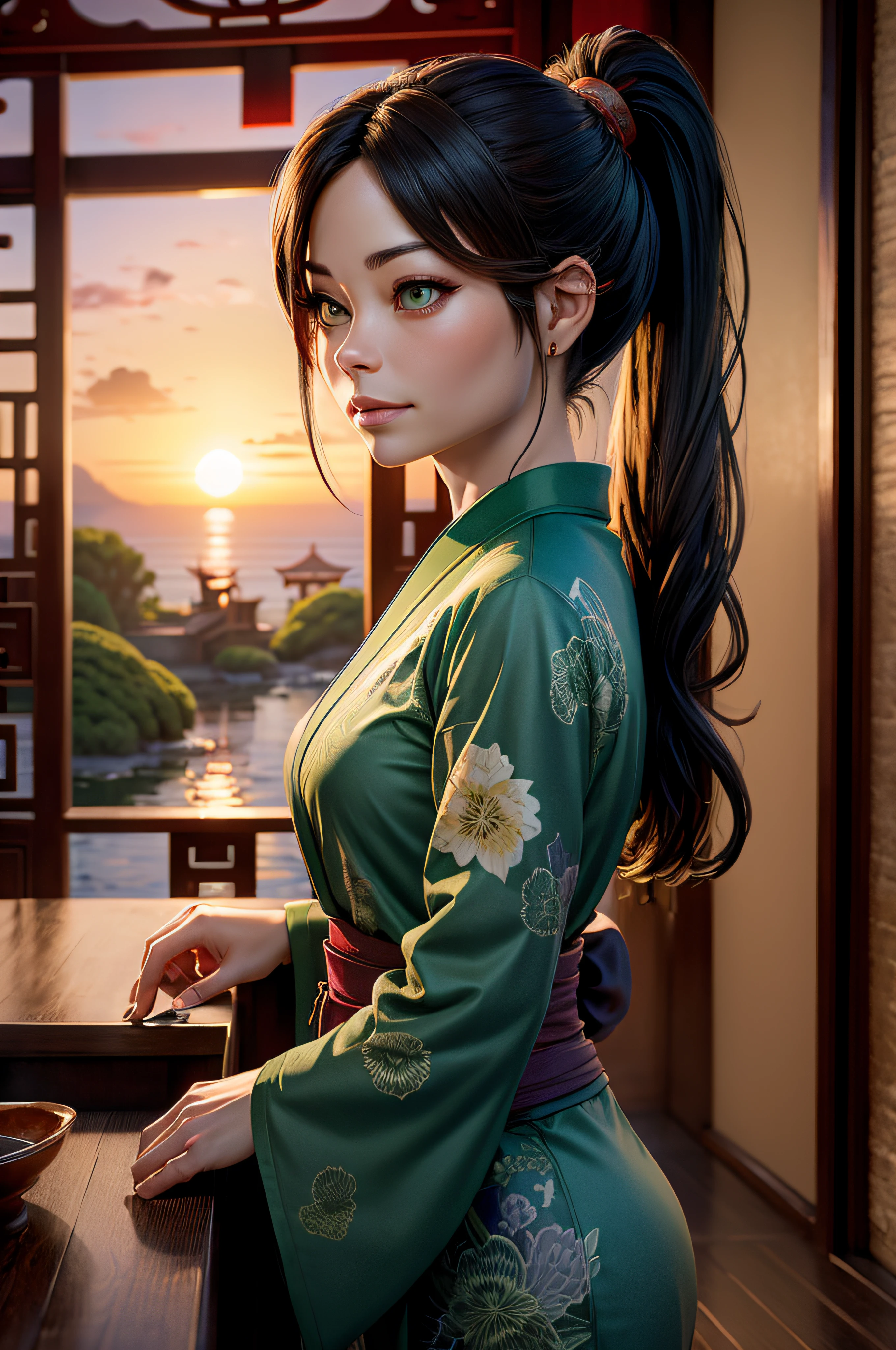 Kristin Kreuk with ponytail and green eyes kimono avec un dragon dessiné sur le kimono. sunset. temple chinois entouré de végétation et d'eau. Very detailled. chef d'oeuvre.