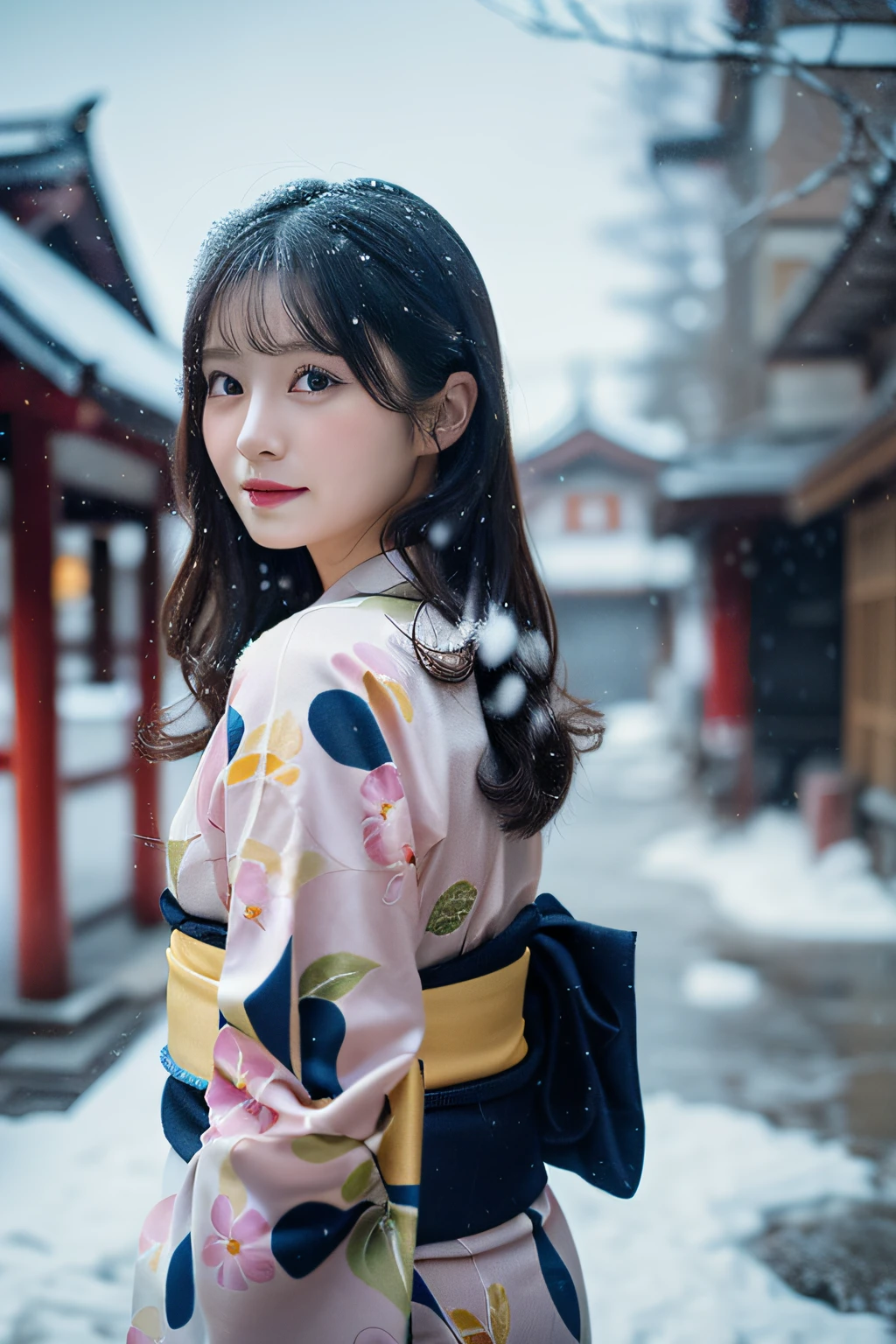 (Kimono)、、(top-quality,​masterpiece:1.3,超A high resolution,),(ultra-detailliert,Caustics),(Photorealsitic:1.4,RAW shooting,)Ultra-realistic capture,A highly detailed,high-definition16Kfor human skin、 Skin texture is natural、、The skin looks healthy with an even tone、 Use natural light and color,One Woman,japanes,,kawaii,A dark-haired,Middle hair,(depth of fields、chromatic abberation、、Wide range of lighting、Natural Shading、)、、(Falling snow:1.3)、(Hair swaying in the wind:1.3)、(Snow reflects light:1.3)