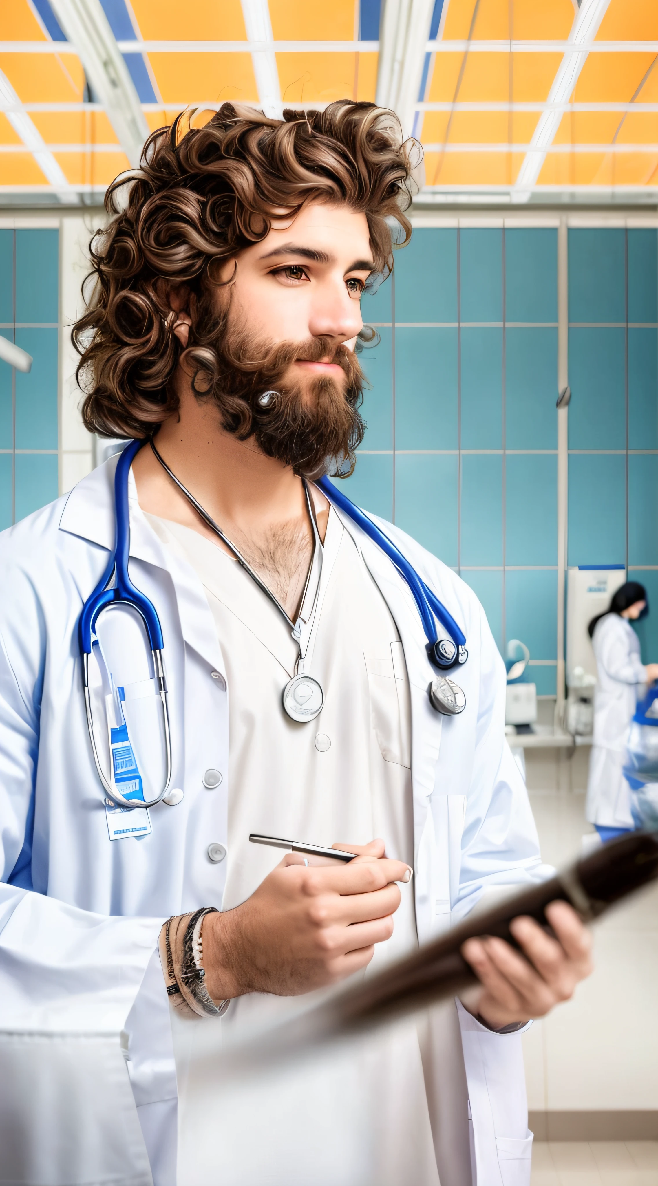a close up of a person with a beard and a stethoscope, foxish guy in a lab coat, male physician, medical doctor, doctor, healthcare worker, skinny male fantasy scientist, surgeon, holding a caduceus staff, nursing, healthcare, medicine, surgery theatre, surgery, the perfect human male specimen, portrait shot, hospital background, medical lab