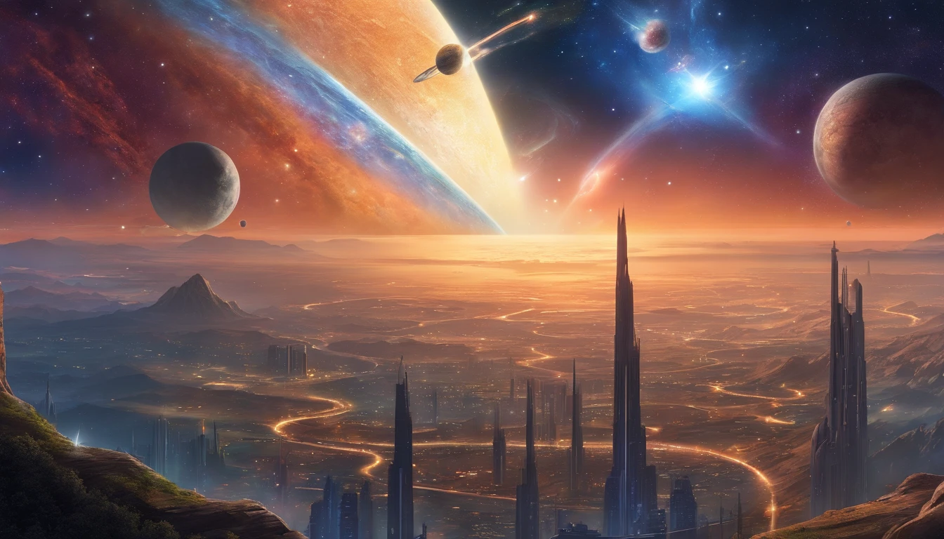 (magnificent space image scene,breathtaking space view,beautiful cosmic landscape,awe-inspiring celestial scenery,mesmerizing galactic panorama),(heavenly body,celestial objects,astronomical wonders,stunning celestial bodies,majestic cosmic entities),(interstellar,space travel,far reaches of the universe,journey through the cosmos,exploring the unknown),(huge star gates,giant celestial portals,vast gateways to the stars,enormous cosmic doorways,massive interstellar passages),((huge starship),(gigantic spacecraft,massive intergalactic vessel,vast starbound vessel,enormous stellar transport),(spaceship,interstellar vehicle,cruising among the stars,flying through the galaxies,traversing cosmic distances)),(shining starry sky,brilliant celestial backdrop,glowing astral canopy,radiant stardust-filled heavens,luminous star-filled expanse),(fisheyelens,wide-angle perspective,a panoramic view,expansive visual angle,immersive fisheye lens),(8K,high-resolution,ultra-detailed imagery,crystal clear visuals,unparalleled image clarity),(super-fine,exquisite detailing,incredible precision,mind-blowing intricacy,unbelievable attention to detail),(high quality,exceptional craftsmanship,top-notch artistry,impeccable workmanship,flawless execution)