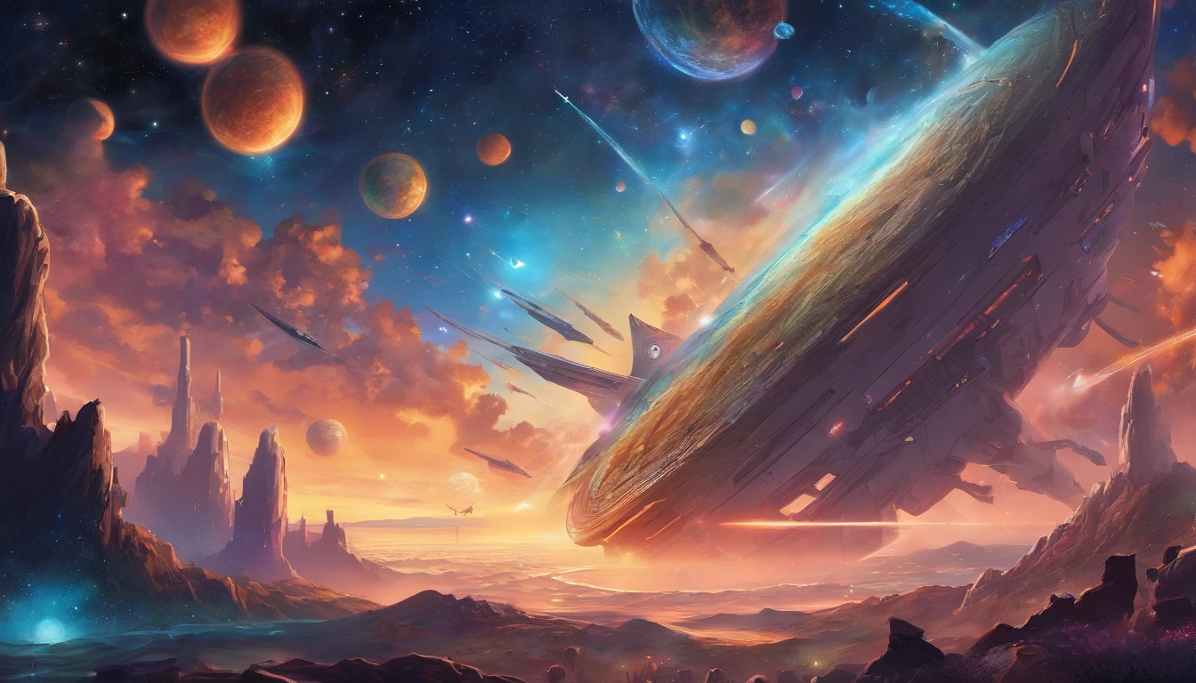 (magnificent space image scene,breathtaking space view,beautiful cosmic landscape,awe-inspiring celestial scenery,mesmerizing galactic panorama),(heavenly body,celestial objects,astronomical wonders,stunning celestial bodies,majestic cosmic entities),(interstellar,space travel,far reaches of the universe,journey through the cosmos,exploring the unknown),(huge star gates,giant celestial portals,vast gateways to the stars,enormous cosmic doorways,massive interstellar passages),((huge starship),(gigantic spacecraft,massive intergalactic vessel,vast starbound vessel,enormous stellar transport),(spaceship,interstellar vehicle,cruising among the stars,flying through the galaxies,traversing cosmic distances)),(shining starry sky,brilliant celestial backdrop,glowing astral canopy,radiant stardust-filled heavens,luminous star-filled expanse),(fisheyelens,wide-angle perspective,a panoramic view,expansive visual angle,immersive fisheye lens),(8K,high-resolution,ultra-detailed imagery,crystal clear visuals,unparalleled image clarity),(super-fine,exquisite detailing,incredible precision,mind-blowing intricacy,unbelievable attention to detail),(high quality,exceptional craftsmanship,top-notch artistry,impeccable workmanship,flawless execution)