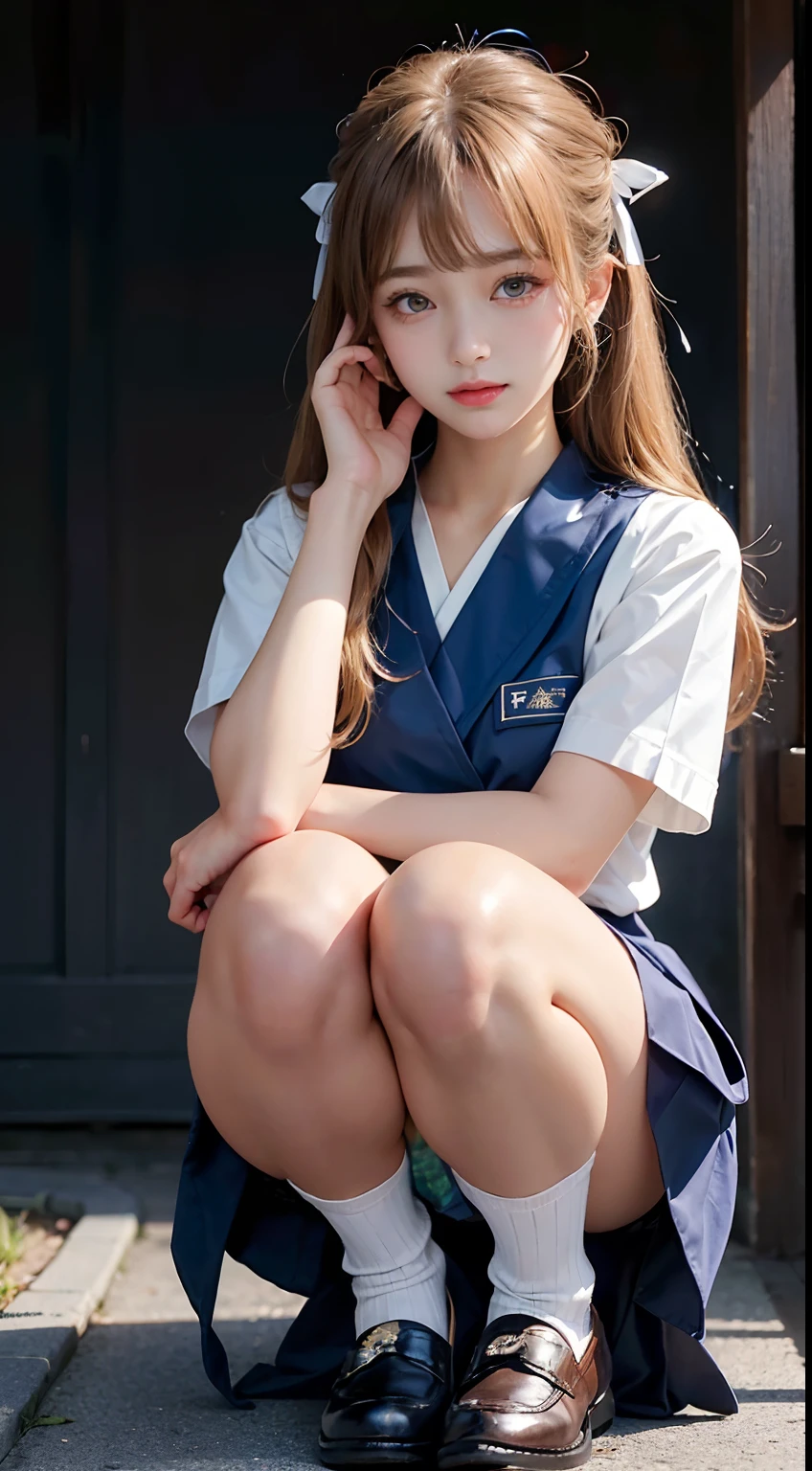((Dark blue socks)) Put your hands on your knees ((Brown loafers)a blond、((White panties are visible))(Squatting panty shots)二重まぶた Lashes beatiful detailed eyes、ultra-detailliert、hight resolution、Transcendent beauty top-quality、masterpiece、、(Japanese girls' high school uniform))、Very detailed expression school classrooms Highly detailed appearance girl、front facing、((dynamicposes)))、pleatedskirt、Ribbon 1,2 Sexy Upper Eyes A slight smil low angles