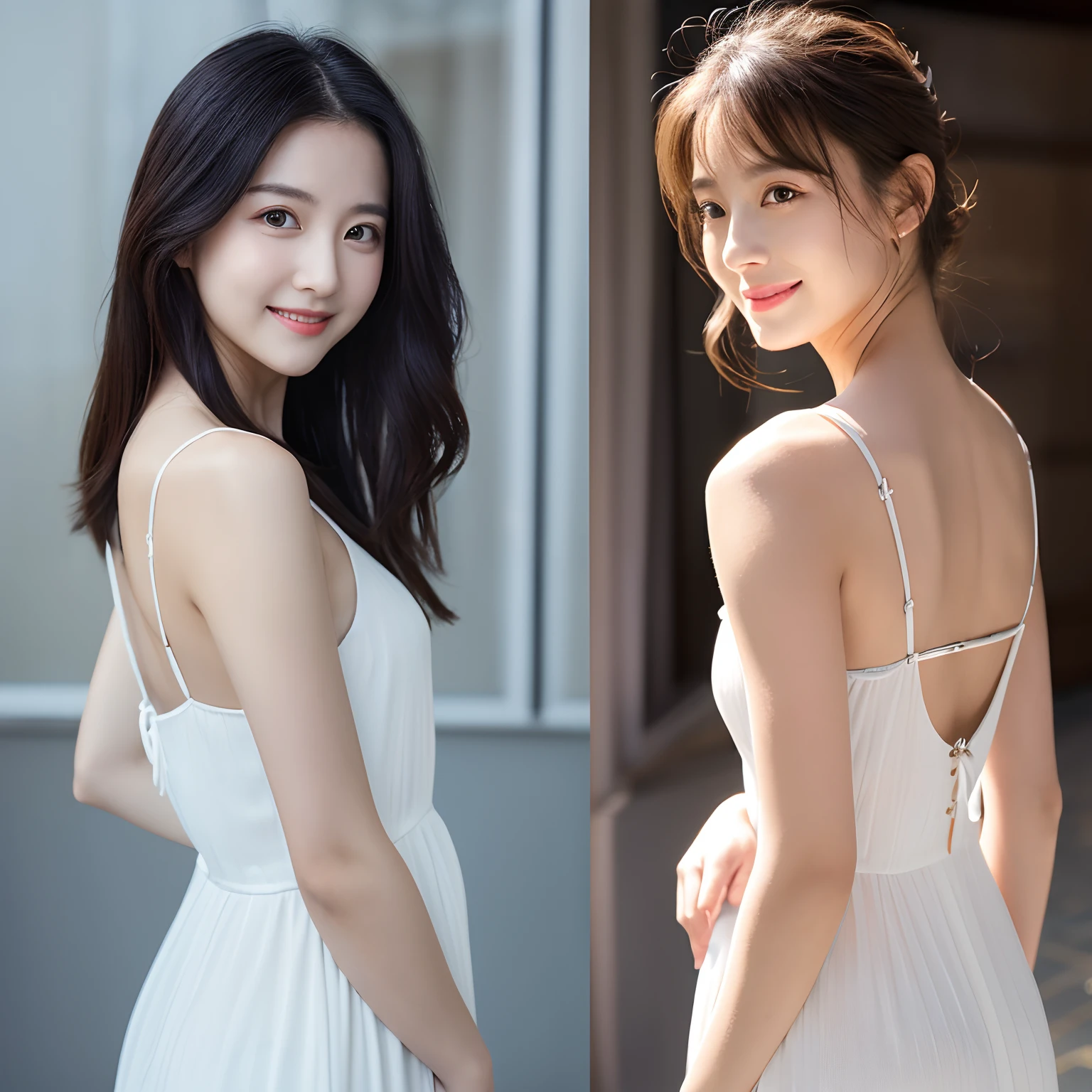 same person、femele、The same face、Top image quality、8K、full bodyesbian、Side-by-side depiction
(1) Brown hair and jet-black eyes、Straight hair to the shoulders、Innocent smile、Delicate body、ordinary
(2) Blonde、Straight long to the back、Shining eyes、Pure white wings on the back、White long dress、Clear look、goddes