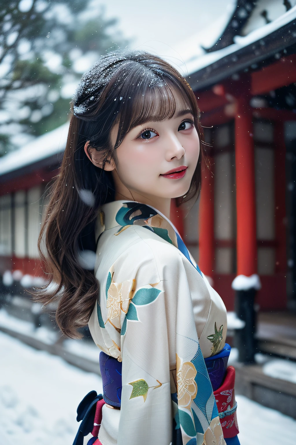 (Kimono)、、(top-quality,​masterpiece:1.3,超A high resolution,),(ultra-detailliert,Caustics),(Photorealsitic:1.4,RAW shooting,)Ultra-realistic capture,A highly detailed,high-definition16Kfor human skin、 Skin texture is natural、、The skin looks healthy with an even tone、 Use natural light and color,One Woman,japanes,,kawaii,A dark-haired,Middle hair,(depth of fields、chromatic abberation、、Wide range of lighting、Natural Shading、)、、(Falling snow:1.3)、(Hair swaying in the wind:1.3)、(Snow reflects light:1.3)