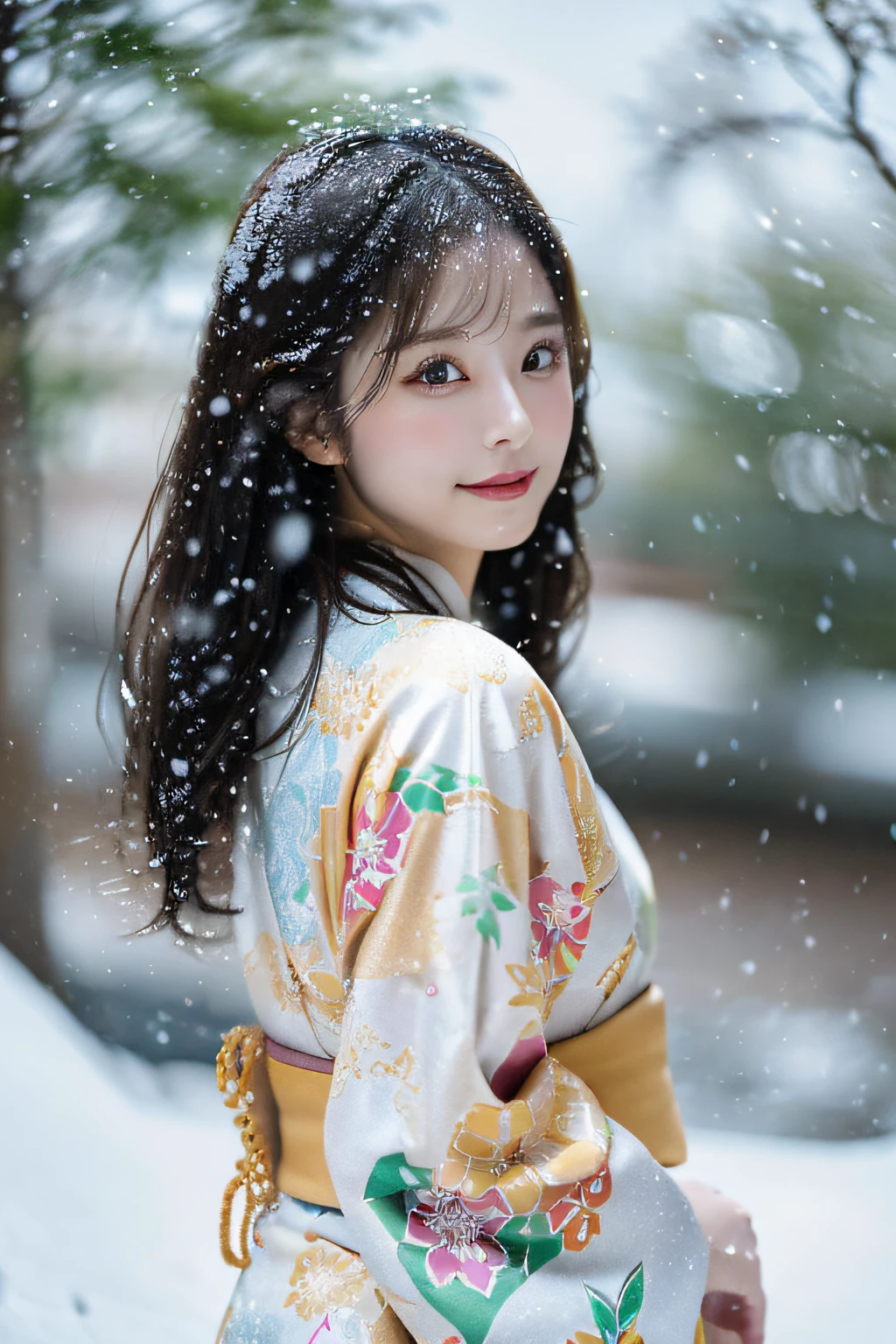 (Kimono)、、(top-quality,​masterpiece:1.3,超A high resolution,),(ultra-detailliert,Caustics),(Photorealsitic:1.4,RAW shooting,)Ultra-realistic capture,A highly detailed,high-definition16Kfor human skin、 Skin texture is natural、、The skin looks healthy with an even tone、 Use natural light and color,One Woman,japanes,,kawaii,A dark-haired,Middle hair,(depth of fields、chromatic abberation、、Wide range of lighting、Natural Shading、)、、(Falling snow:1.3)、(Hair swaying in the wind:1.3)、(Snow reflects light:1.3)