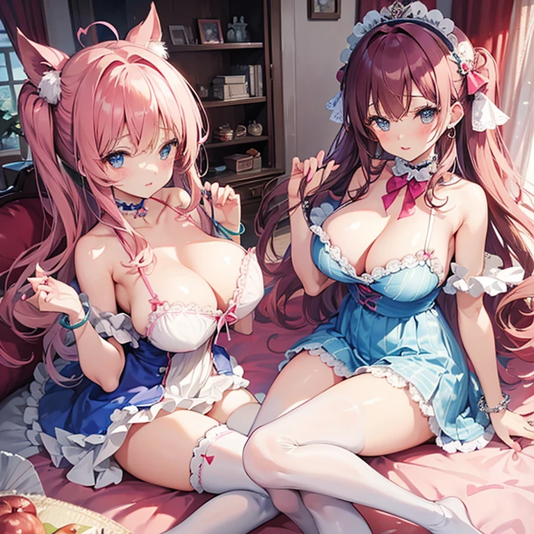 女の子1人、chestnut-colored hair、fluffy and soft hair、Blue eyes、Gingham Check One Piece、setup、huge tit、Lace and ruffles、retro、knee high socks、Enchanted breasts、Enchanted thighs、Pink lip、Pink Nails、Retro and cute room、heart、bow ribbon、Retro Cute、a choker、耳Nipple Ring、A bracelet、cleavage of the breast