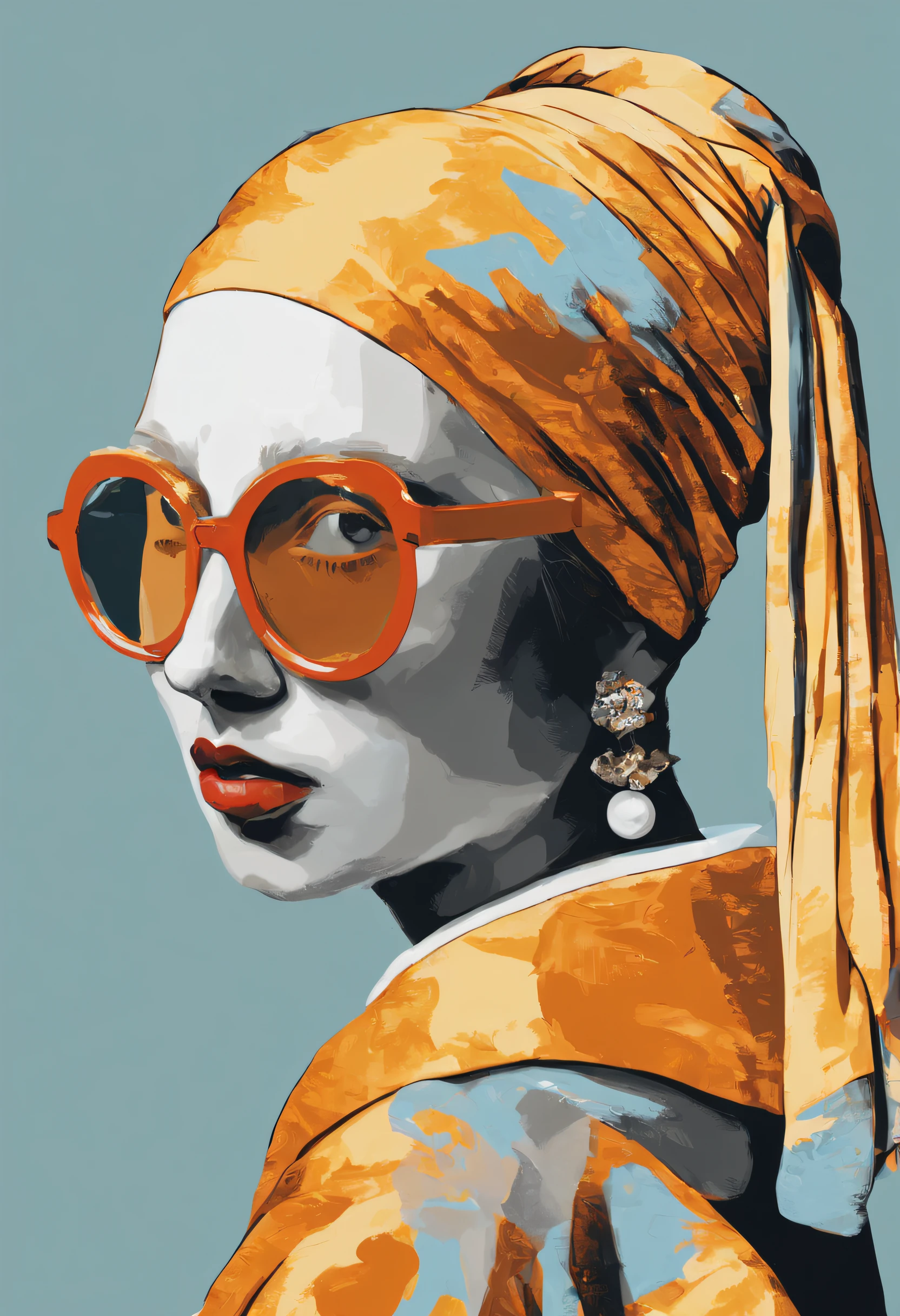 THE GIRL WITH A PEARL EARRING by Johannes Vermeer, en train de manger une orange qu'elle tient avec sa main, a des lunettes de soleil sur le visage, style pop art