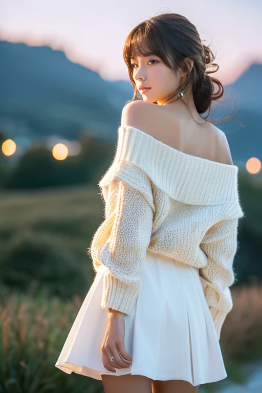 ((Looking back)), (((full body Esbian))), ((Realistic)), ((from behind, From below)), ((Off-the-shoulder clothing)), Beautiful young girl, Beautiful Korean models, long golden hair, Curly, By bangs, (Slender Leg), (cold light, the night, starrysky), (at winter season, yuki). ((White sweater, Short black skirt), Detailed scene, detaileds，ultra-detailliert, (Correct hand), (anatomy correct), (best qualtiy，tmasterpiece)