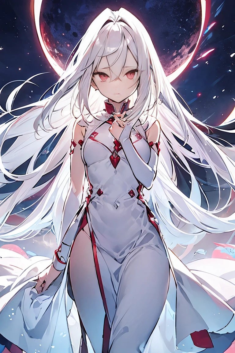 White-haired woman,Red aura around,beautidul eyes,White gauze dress, thin, It covers all vital organs except the face..., Wear a knee-length white dress....,The arm does not reach the top of the hip....,The arms are small.., But the ligaments are very large....,Soft hands,at night,red moon,turned sideways..