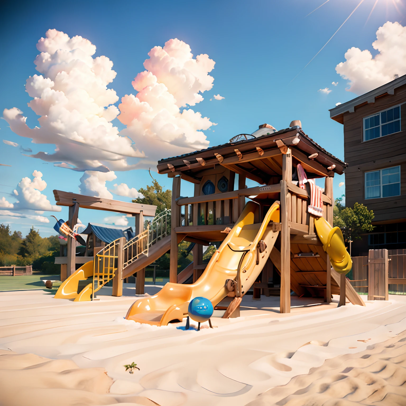 Only a small sandbox and playground equipment