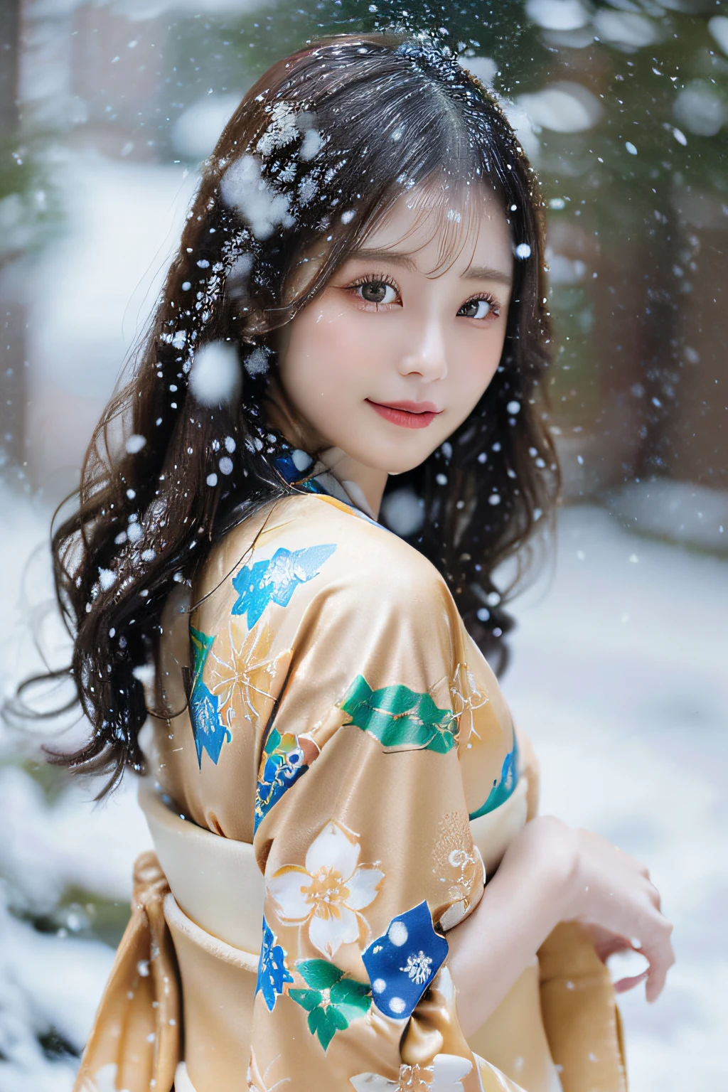 (Kimono)、、(top-quality,​masterpiece:1.3,超A high resolution,),(ultra-detailliert,Caustics),(Photorealsitic:1.4,RAW shooting,)Ultra-realistic capture,A highly detailed,high-definition16Kfor human skin、 Skin texture is natural、、The skin looks healthy with an even tone、 Use natural light and color,One Woman,japanes,,kawaii,A dark-haired,Middle hair,(depth of fields、chromatic abberation、、Wide range of lighting、Natural Shading、)、、(Falling snow:1.3)、(Hair swaying in the wind:1.3)、(Snow reflects light:1.3)