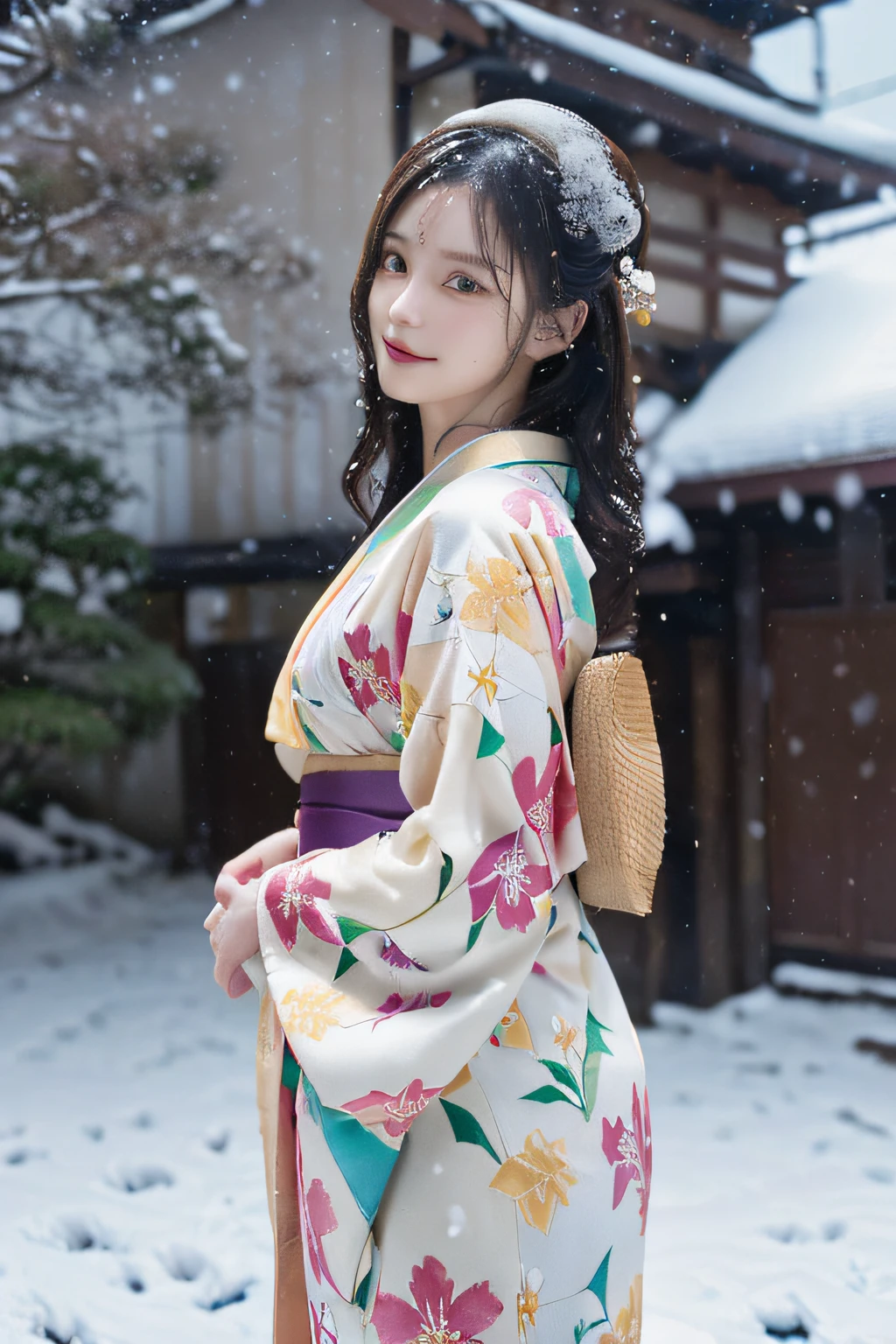 (Kimono)、、(top-quality,​masterpiece:1.3,超A high resolution,),(ultra-detailliert,Caustics),(Photorealsitic:1.4,RAW shooting,)Ultra-realistic capture,A highly detailed,high-definition16Kfor human skin、 Skin texture is natural、、The skin looks healthy with an even tone、 Use natural light and color,One Woman,japanes,,kawaii,A dark-haired,Middle hair,(depth of fields、chromatic abberation、、Wide range of lighting、Natural Shading、)、、(Falling snow:1.3)、(Hair swaying in the wind:1.3)、(Snow reflects light:1.3)