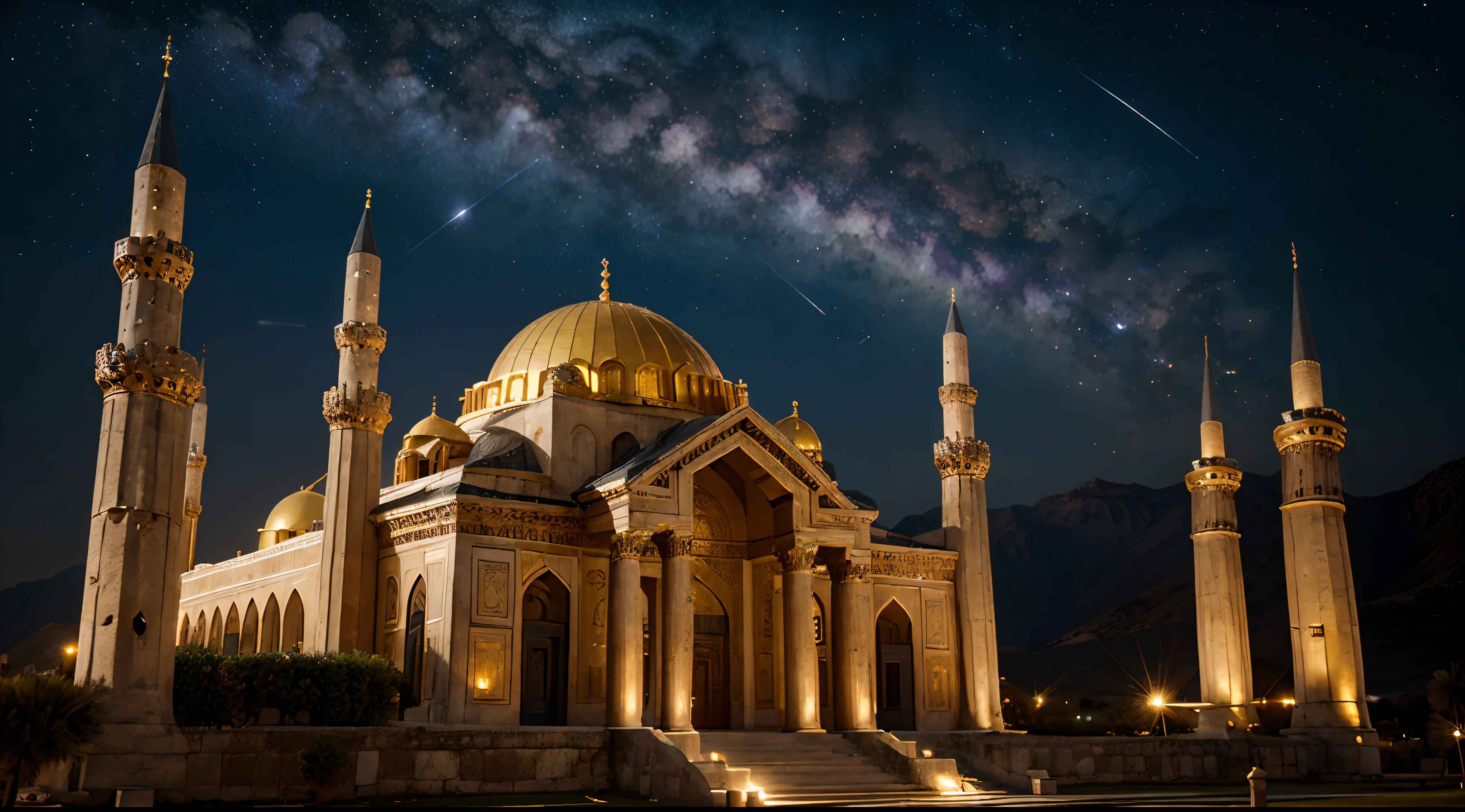 Galaxy background, Antique architecture,babel,Mountains,the night,Stars,Mosque,Golden Palace,Islamic culture,Greek classical culture,Interstellar culture