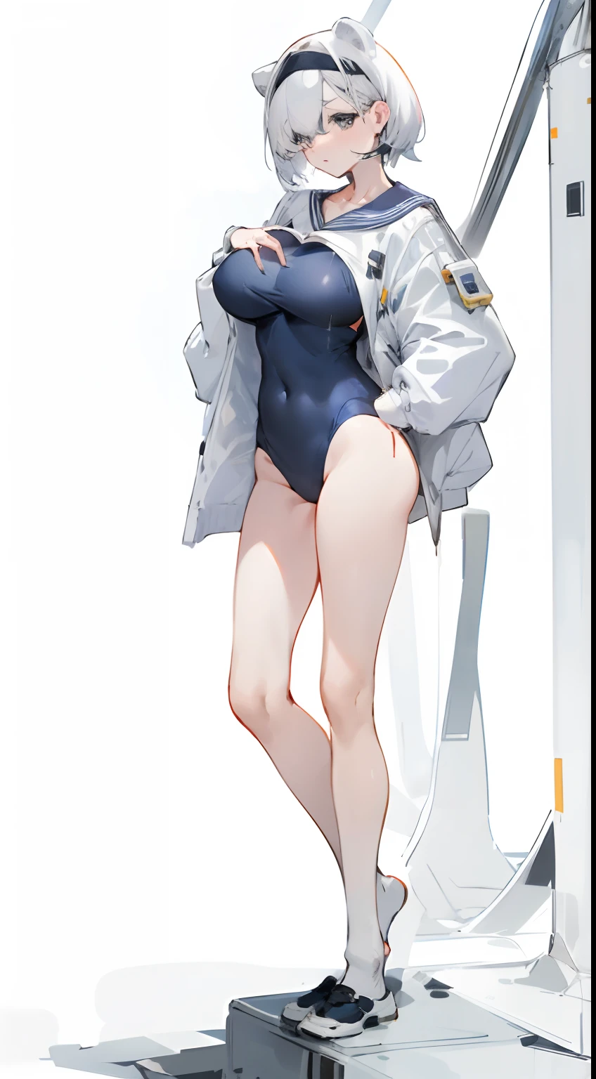 Leakage out of the collarbone，Neck leakage，stand posture，standing straight，a sailor suit，Pose for a photo，white backgrounid，Bigboobs，upper legs