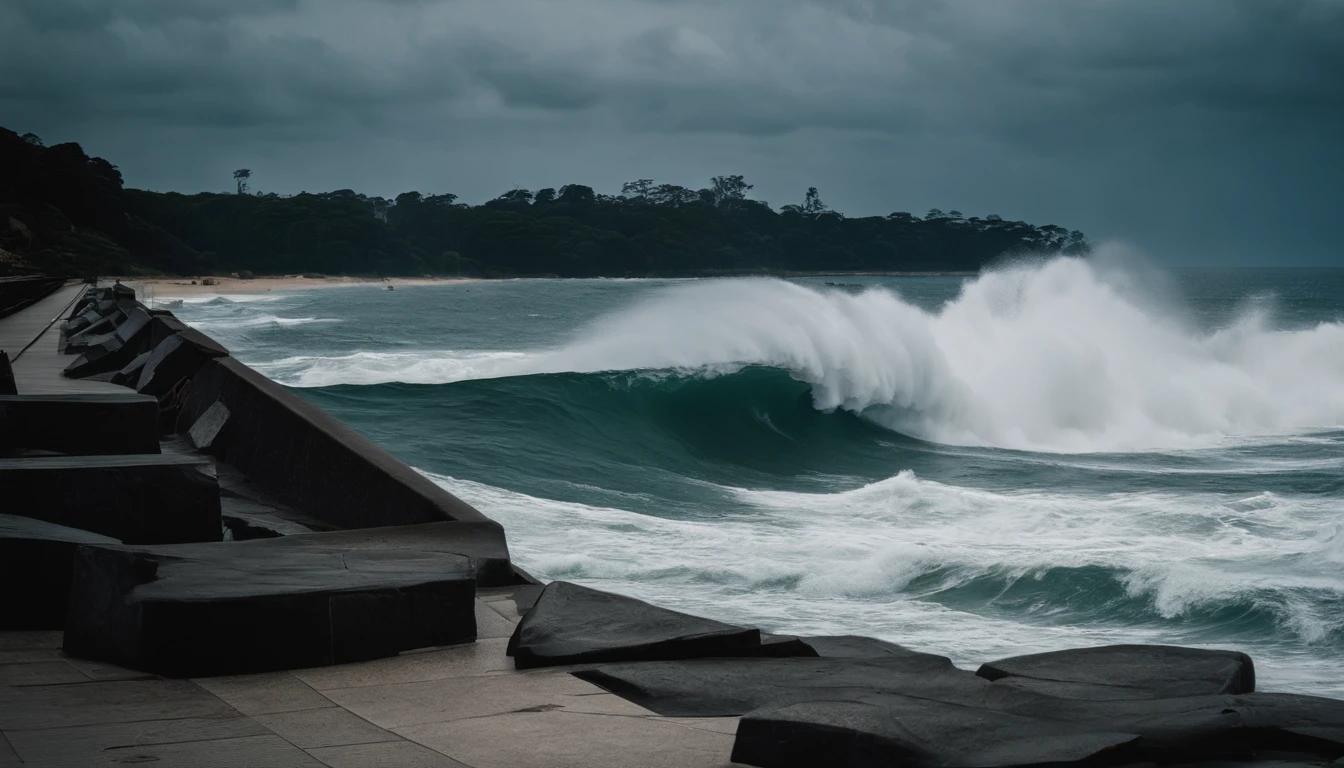 The Sydney Opera House was destroyed by a monstrous tsunami，disaster movie，《2012》Scene in ，Huge waves，Cinematic footage，Real-world scenarios，Vast space