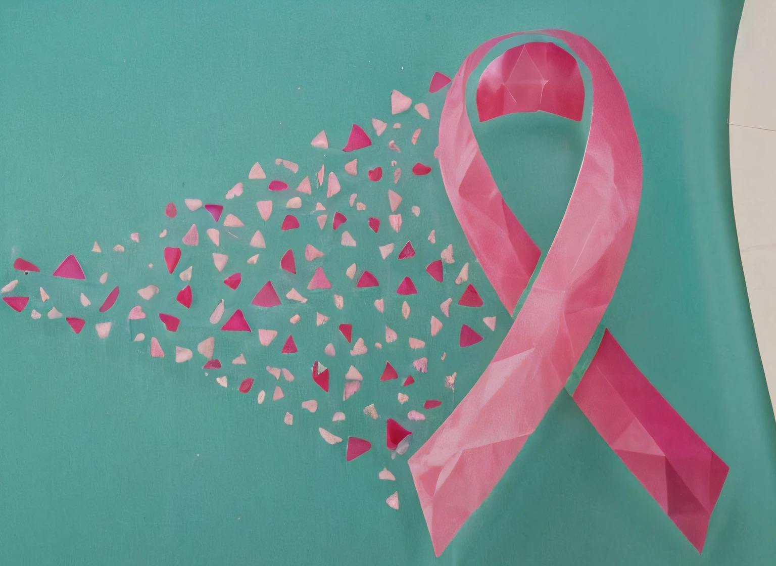 triangles in shades of pink, flying to become a pink crystal ribbon against cancer