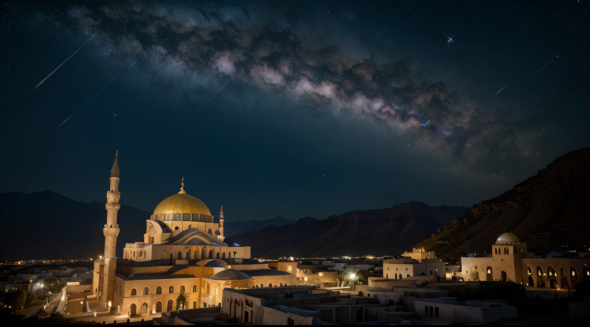 Galaxy background, Antique architecture,babel,Mountains,the night,Stars,Mosque,Golden Palace,Islamic culture,Greek classical culture,Interstellar culture