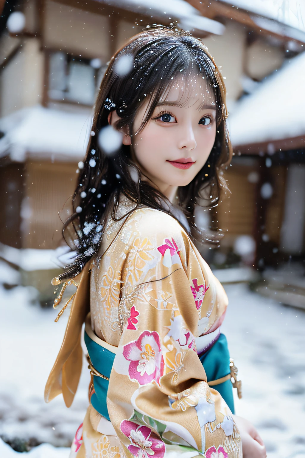 (Kimono)、、(top-quality,​masterpiece:1.3,超A high resolution,),(ultra-detailliert,Caustics),(Photorealsitic:1.4,RAW shooting,)Ultra-realistic capture,A highly detailed,high-definition16Kfor human skin、 Skin texture is natural、、The skin looks healthy with an even tone、 Use natural light and color,One Woman,japanes,,kawaii,A dark-haired,Middle hair,(depth of fields、chromatic abberation、、Wide range of lighting、Natural Shading、)、、(Falling snow:1.3)、(Hair swaying in the wind:1.3)、(Snow reflects light:1.3)