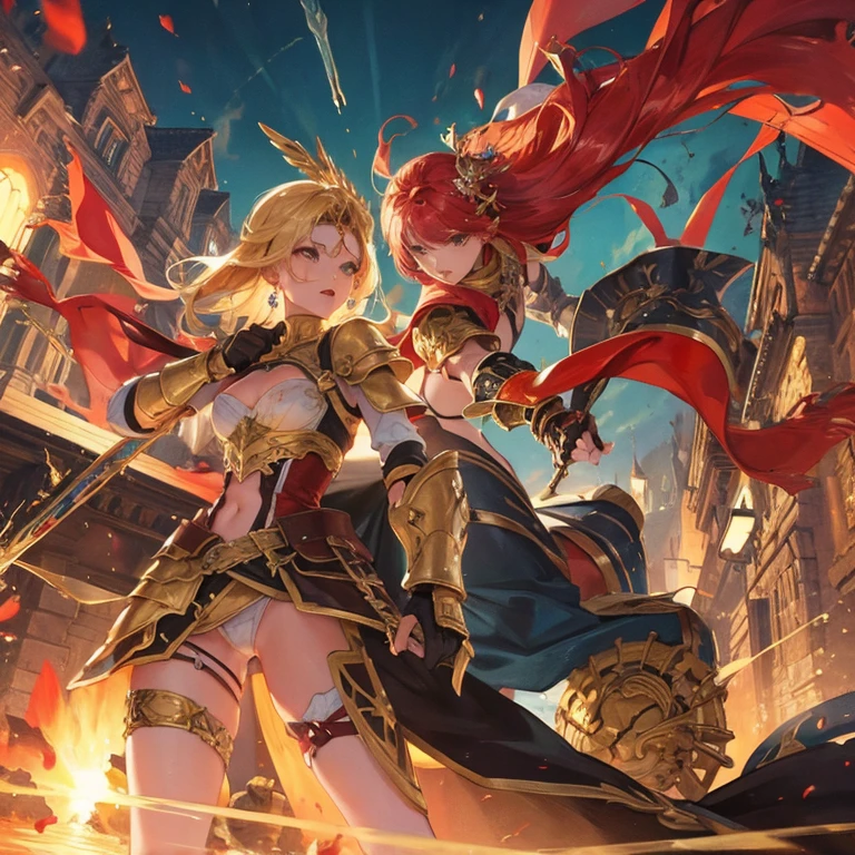 official art, masterpiece, girls,fighting,punching another,sexy fantasy armour, hair ornament, epic scenery,