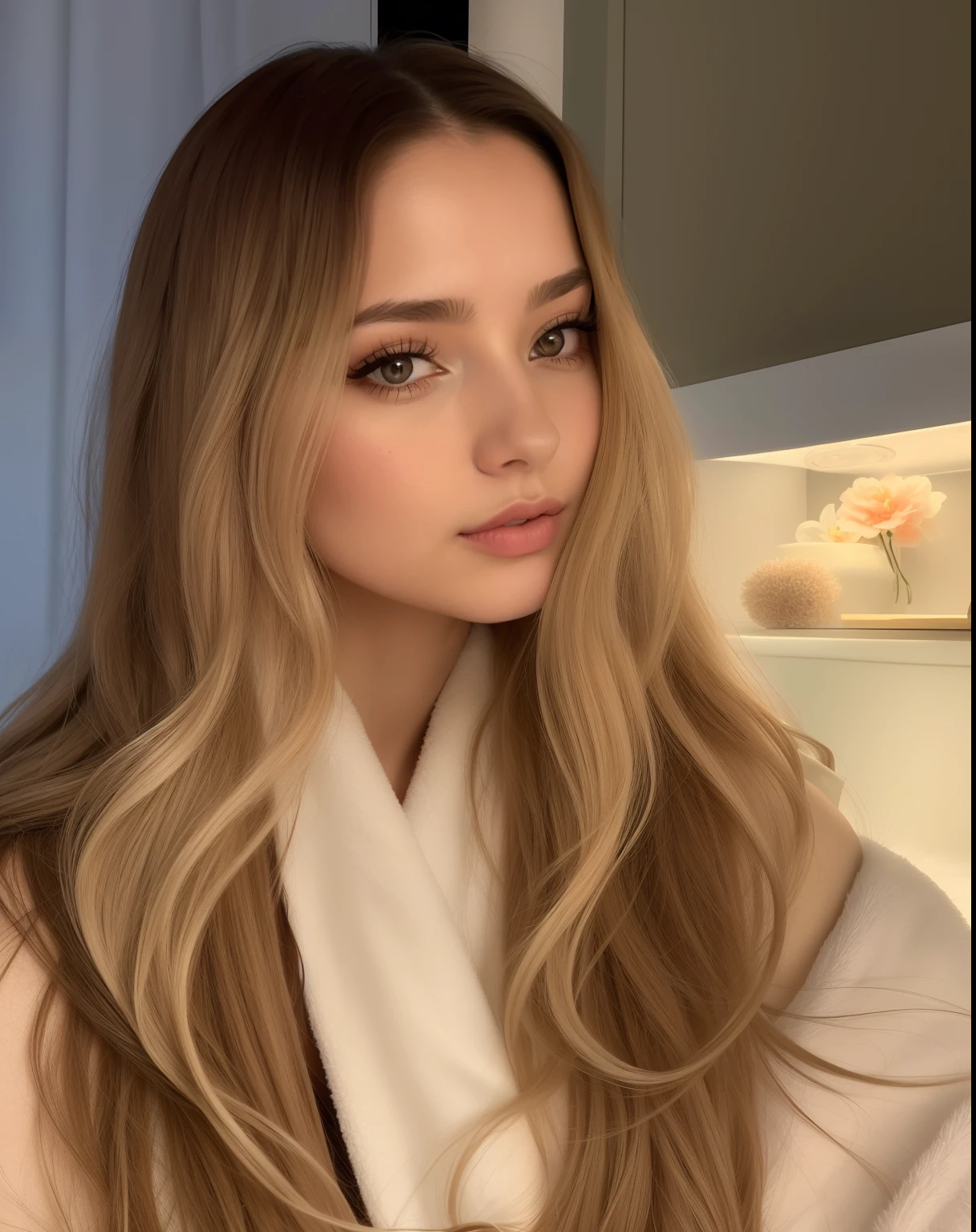 A close-up of a woman with long hair wearing a robe, inspired by Károly Lotz, Lalisa Manobal, Karolina Cummings, hermosa dama, Alexandra Waliszewska, Dasha Taran, Daniela Uhlig, angelina stroganova, brunette with dyed blonde hair, Cabello largo y rubio y ojos grandes