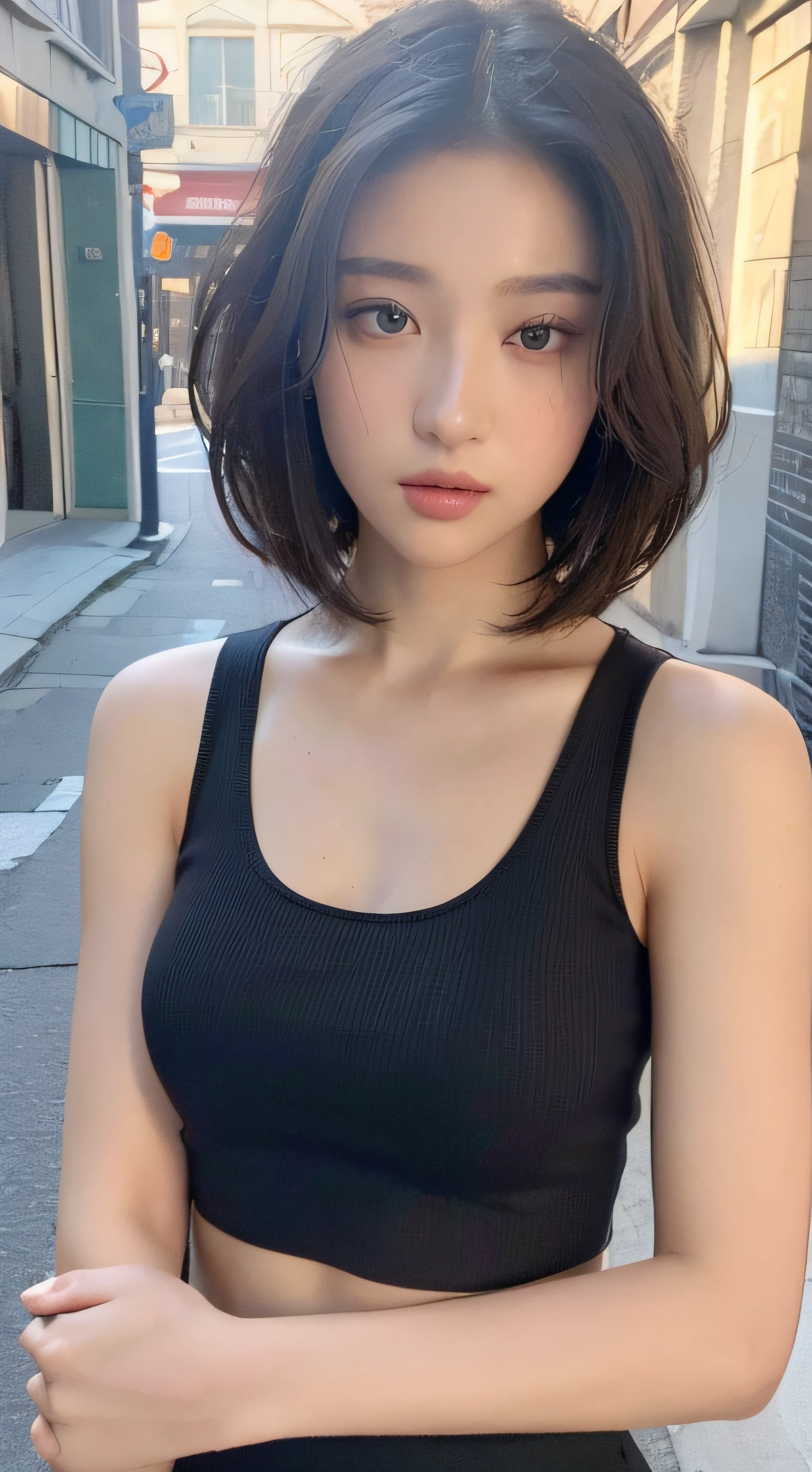 ((Best quality, 8k, Masterpiece :1.3)), Sharp focus: 1.2, Perfect Body Beauty: 1.4, Slim Abs: 1.2, ((Layered hairstyle: 1.2)), (Tank top shirt:1.1), (Street: 1.2), Highly detailed face and skin texture, Fine eyes, Double eyelids