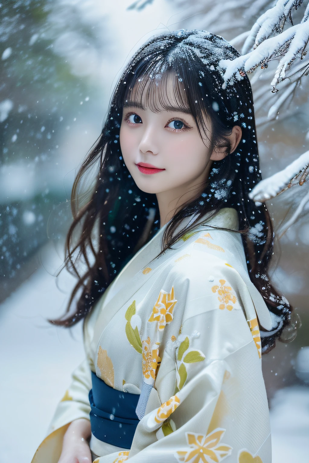 (Kimono)、、(top-quality,​masterpiece:1.3,超A high resolution,),(ultra-detailliert,Caustics),(Photorealsitic:1.4,RAW shooting,)Ultra-realistic capture,A highly detailed,high-definition16Kfor human skin、 Skin texture is natural、、The skin looks healthy with an even tone、 Use natural light and color,One Woman,japanes,,kawaii,A dark-haired,Middle hair,(depth of fields、chromatic abberation、、Wide range of lighting、Natural Shading、)、、(Falling snow:1.3)、(Hair swaying in the wind:1.3)、(Snow reflects light:1.3)