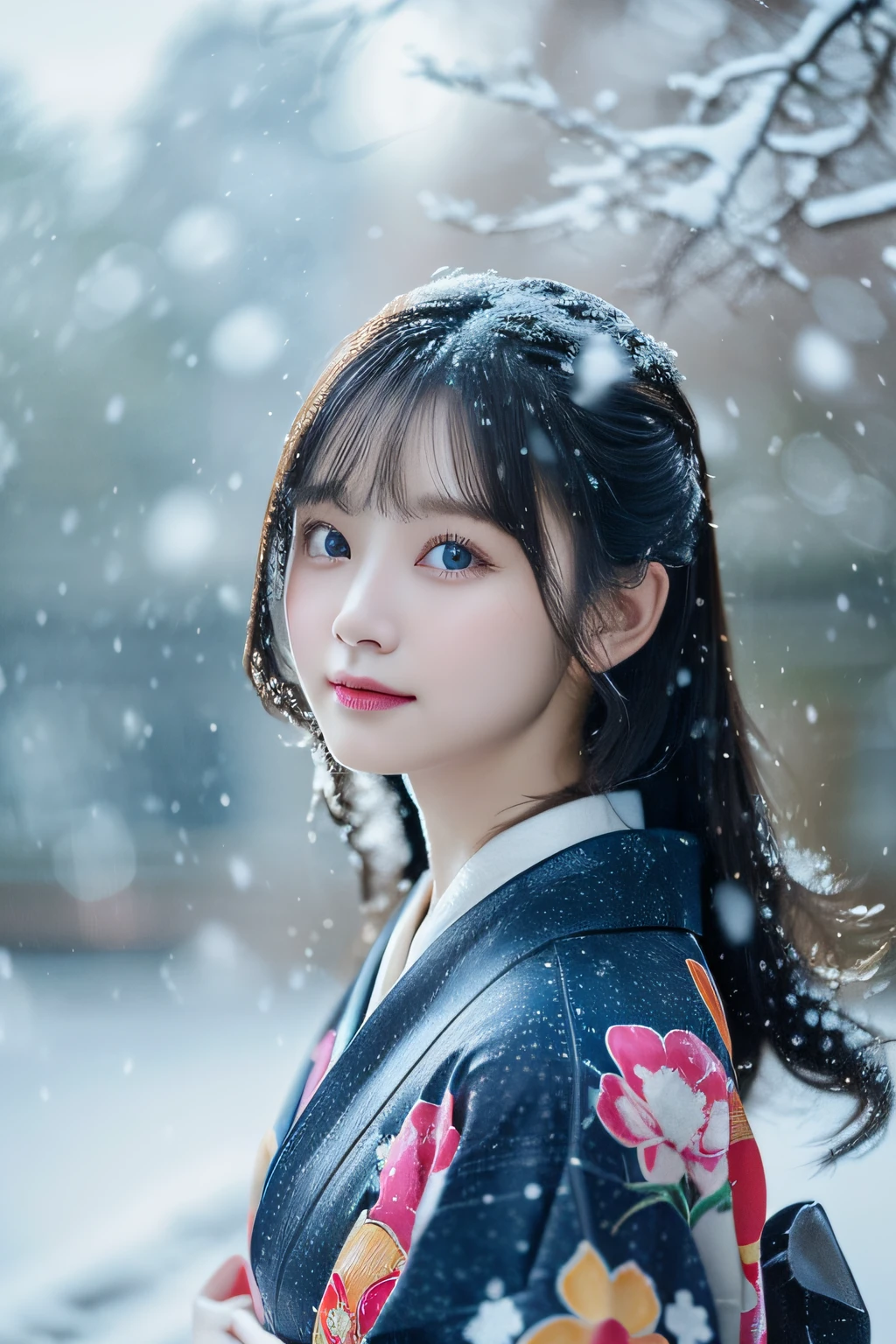 (Kimono)、、(top-quality,​masterpiece:1.3,超A high resolution,),(ultra-detailliert,Caustics),(Photorealsitic:1.4,RAW shooting,)Ultra-realistic capture,A highly detailed,high-definition16Kfor human skin、 Skin texture is natural、、The skin looks healthy with an even tone、 Use natural light and color,One Woman,japanes,,kawaii,A dark-haired,Middle hair,(depth of fields、chromatic abberation、、Wide range of lighting、Natural Shading、)、、(Falling snow:1.3)、(Hair swaying in the wind:1.3)、(Snow reflects light:1.3)
