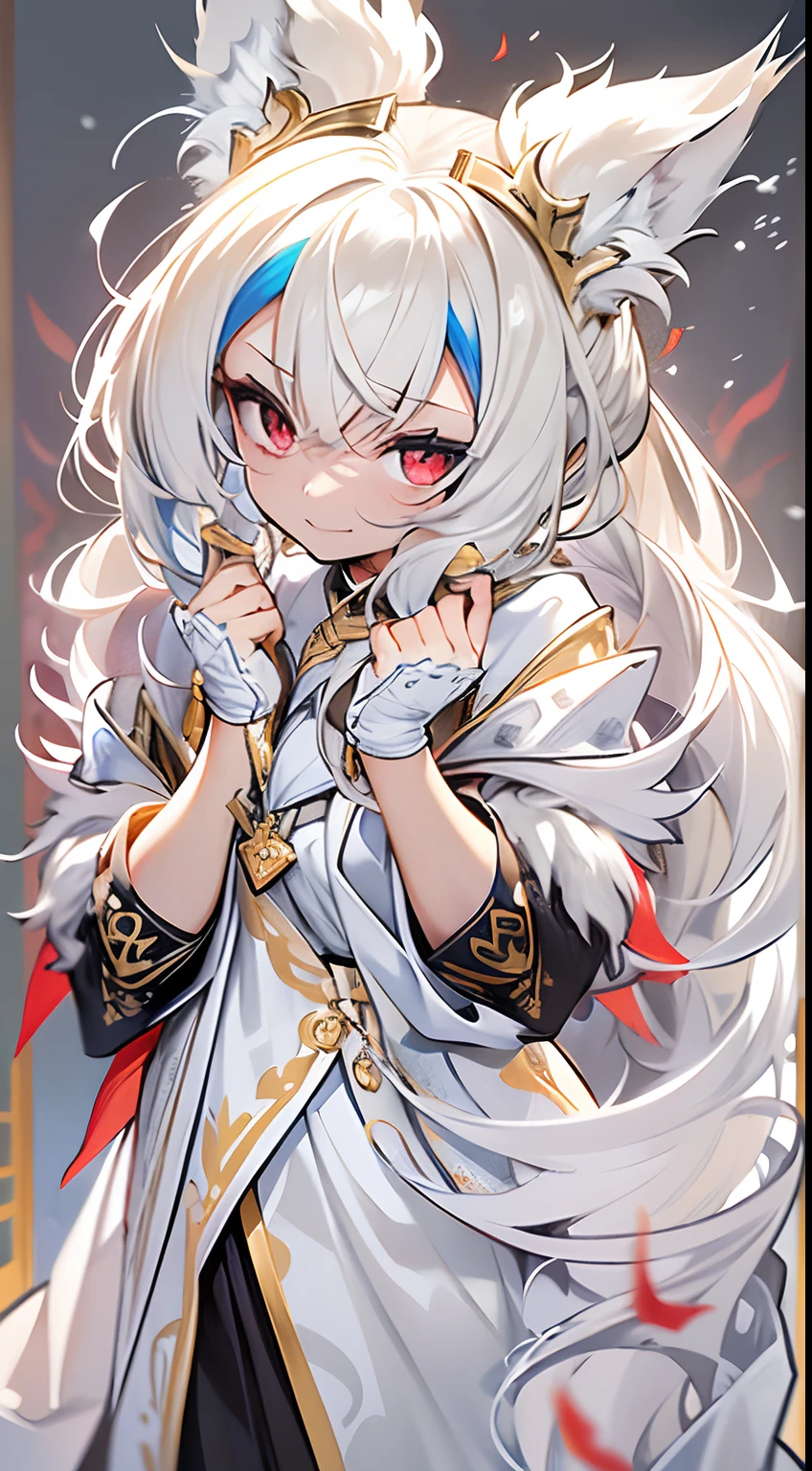 Female pervert，Miserable white skin，White fox ears，vellus hair，Gold earrings，snow mountains，gem jewelry,Tips are highlighted in white, Red deciduous leaves，Ink Phantom，bazaars，fansty world，background inside dark，Clean design，Epic Instagram，art  stations，Colorful paint splashes，contours，Hyper-detailed intricate details，unreal-engine，fanciful，Complicated details，splash image，complementary colours，fantasy concept art，8K分辨率，A masterpiece of deviantart，oil painted，Heavy strokes，paint drips，black flag，（Isolated on black background：1.3），Rainbow skins，(((A handsome young))), ((Teenage:1.5)), (Glowing red eyes), ((Eyes have light))，((((White ponytail:1.1))), ((Conservative white casual wear，Gold pattern)), (ssmile）\\(A happy expression\\),, (((Wears a shabby black robe，High level of detail，Lots of fluff))),（brown gauntlets），《Brown tights》，Low white ponytail， She has brown hair，Braided，White shiny bangs，Brown comb，Shiny hair，an blowing，(chest muscle) --v 6