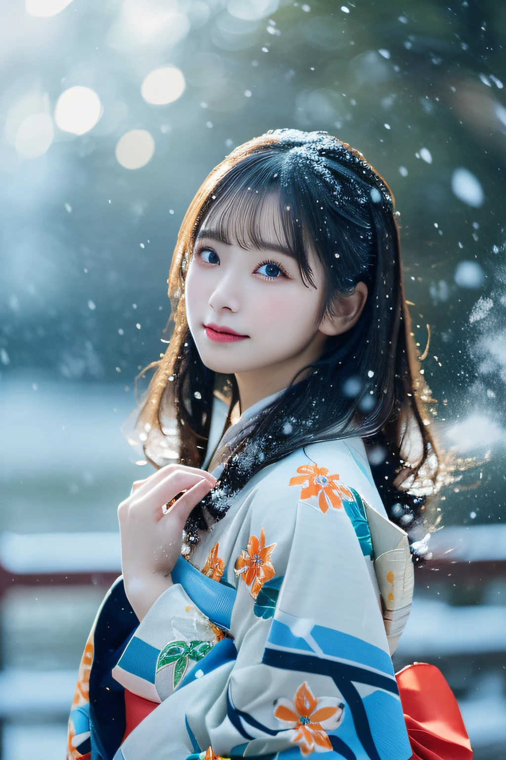 (Kimono)、、(top-quality,​masterpiece:1.3,超A high resolution,),(ultra-detailliert,Caustics),(Photorealsitic:1.4,RAW shooting,)Ultra-realistic capture,A highly detailed,high-definition16Kfor human skin、 Skin texture is natural、、The skin looks healthy with an even tone、 Use natural light and color,One Woman,japanes,,kawaii,A dark-haired,Middle hair,(depth of fields、chromatic abberation、、Wide range of lighting、Natural Shading、)、、(Falling snow:1.3)、(Hair swaying in the wind:1.3)、(Snow reflects light:1.3)