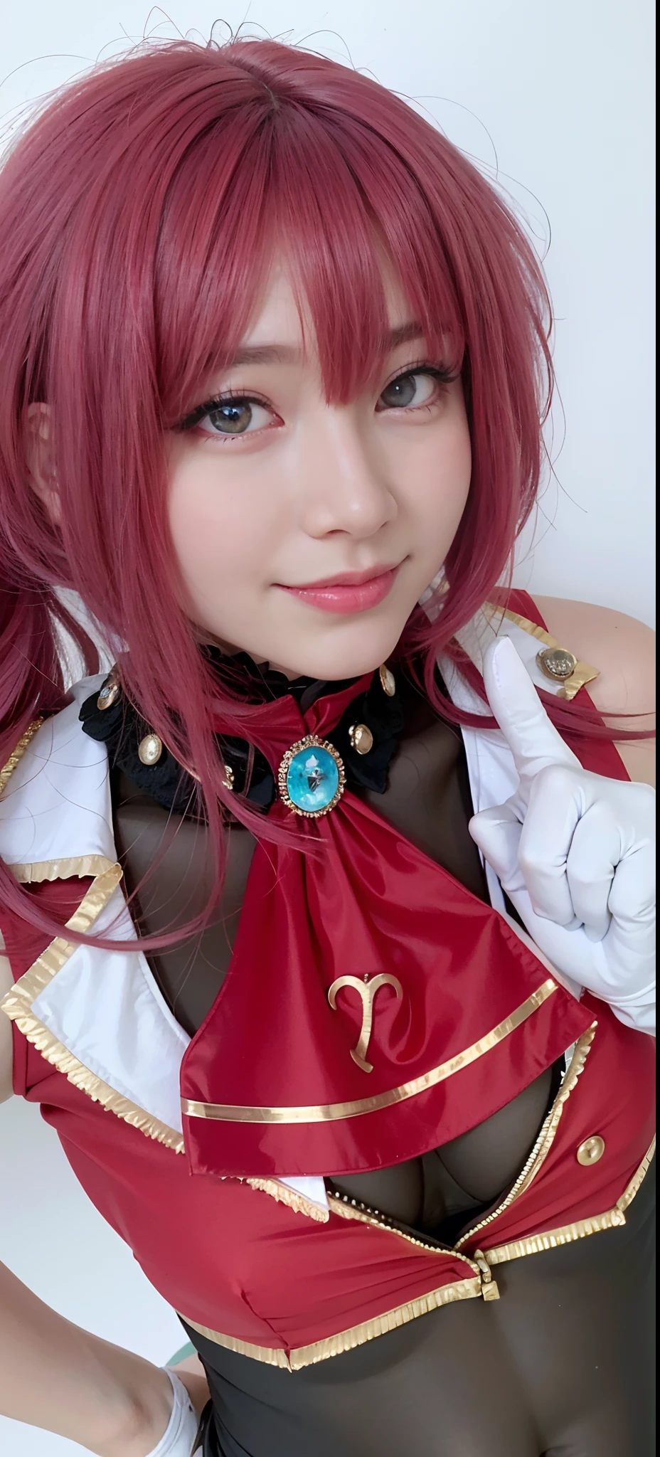 1girl,solo,a japanese sexy cosplayer girl with pink hair posing for the camera,in a anime costume,index finger raised in front of own face,cosplay,houshou marine,virtual youtuber,red eye and yellow eye,heterochromia,see-through leotard,smiling,red hair,high heels sock boots, red ascot, realistic, leotard under clothes, twintails, gloves, solo, white gloves,gigantic breasts,narrow shoulder,narrow waist,huge ass,red pleated skirt,very very short skirt, covered navel, looking at viewer, ascot, see-through leotard,high resolution, 8k, 1girl,cosplayer,with light glowing, a gorgeous, (dynamic poses:0.8),Soft lighting,shinny skin,looking at the viewer,Hair Ribbon,a belt,pleated skirt,top-quality,high resolution,Unified 8K wallpapers,(beautiful detailed eyes:1.6),extra detailed face,Perfect lighting,houshouBase, heterochromia, red eyes, yellow eyes, twintails, long hair, hair ribbon,gigantic breasts, white gloves, frilled choker, red ascot, leotard, leotard under clothes, red jacket, cropped jacket, sleeveless jacket, black coat, off shoulder, bicorne, red skirt, miniskirt, leather belt, black thighhighs,cosplayer,enako,enakorin,