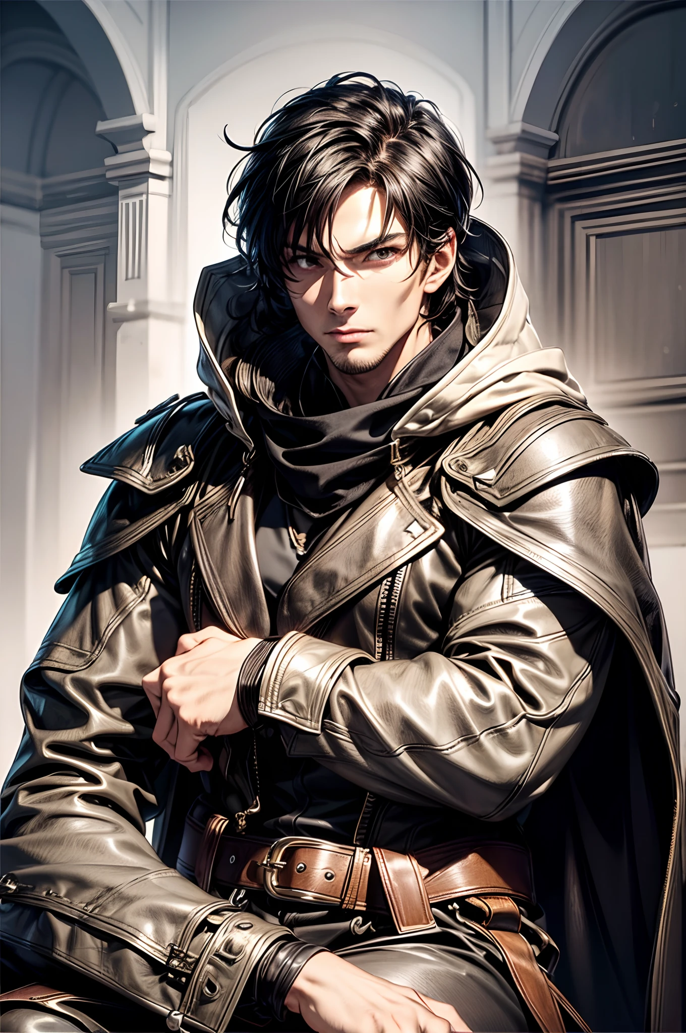 (absurderes, hight resolution, ultra-detailliert), 1 male, Adult, Handsome, High muscular face, broad shoulders, finely detailed eyes, Short black hair, Brown eyes, Black cloak, Wearing a hood, Leather Vest, Leather bag at waist................., 2 daggers on the belt, castle, Medieval atmosphere, Natural Light and Shadow, Bright particles fly around a person, Fantastic, Mysterious, Bright glow, Seated Pose, Serious expression, Cold, thoughtful, Mouth Shut