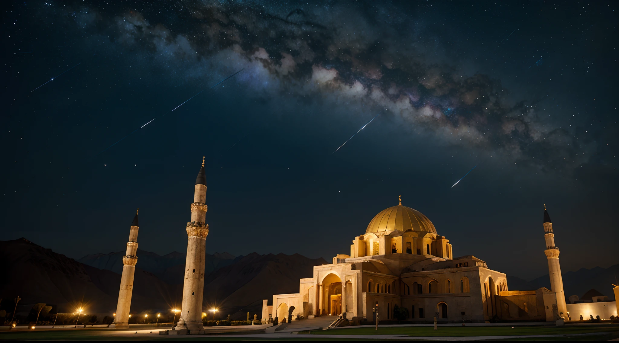 Galaxy background, Antique architecture，babel，Mountains，the night，Stars，Mosque，Golden Palace，Islamic culture，Greek classical culture，Interstellar culture