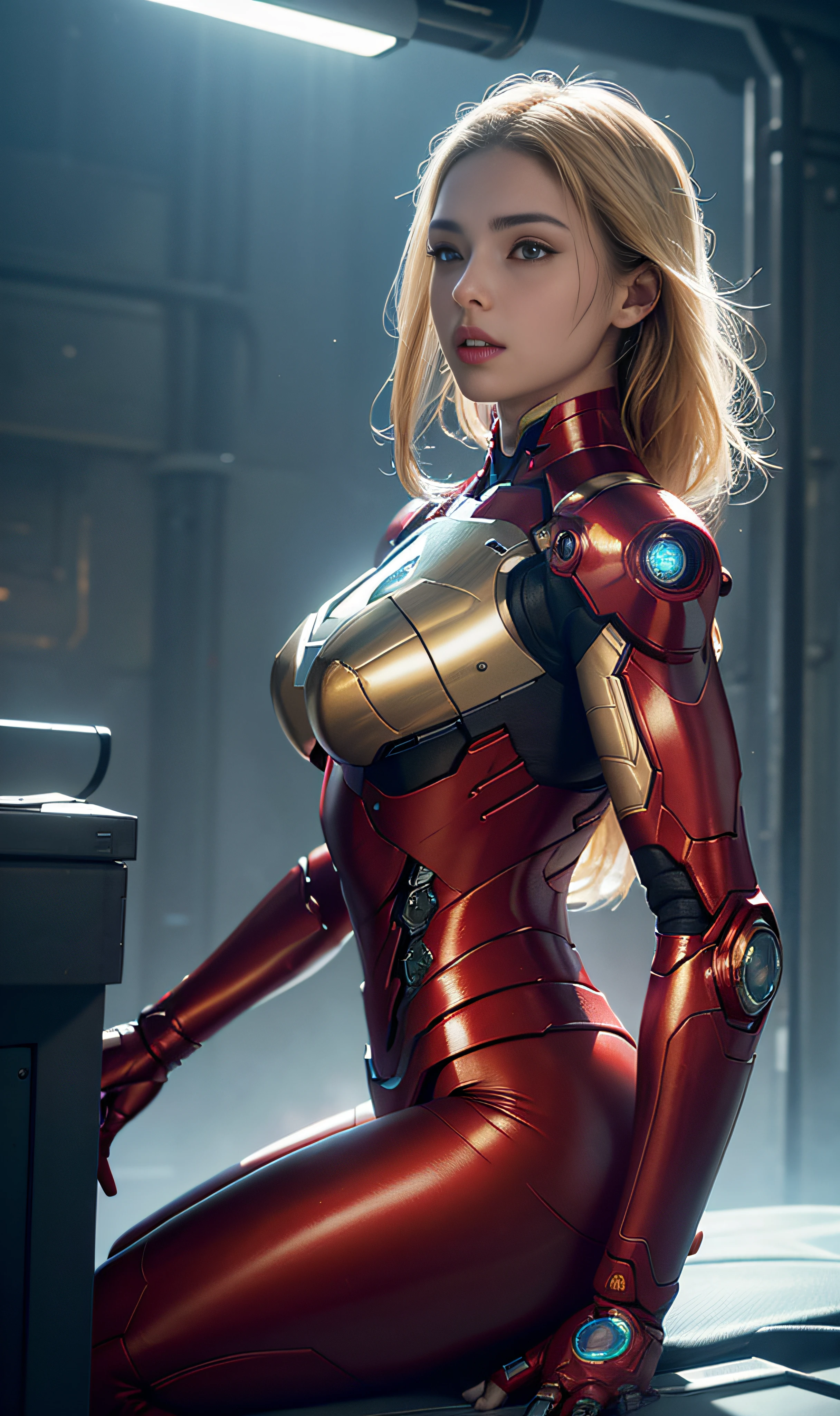 RAW, Masterpiece, Super Fine Photo,, Best Quality, Ultra High Resolution, Photorealistic Photorealism, Sunlight, Full Body Portrait, Amazing Beauty,,Dynamic Pose,Delicate Face,Vibrant Eyes,(From the side), She Wears Futuristic Iron Man Mech, Red and Gold Color Scheme, Detailed Face, Detailed Complex Busy Background, Messy, Gorgeous, Milky White, Highly Detailed Skin, Realistic Skin Details, Visible Pores, Sharp Focus, Volumetric Fog, 8K UHD, DSLR, High Quality, Film grain, fair skin, photorealism, lomography, sprawling metropolis in futuristic dystopia, seen from below, translucent,