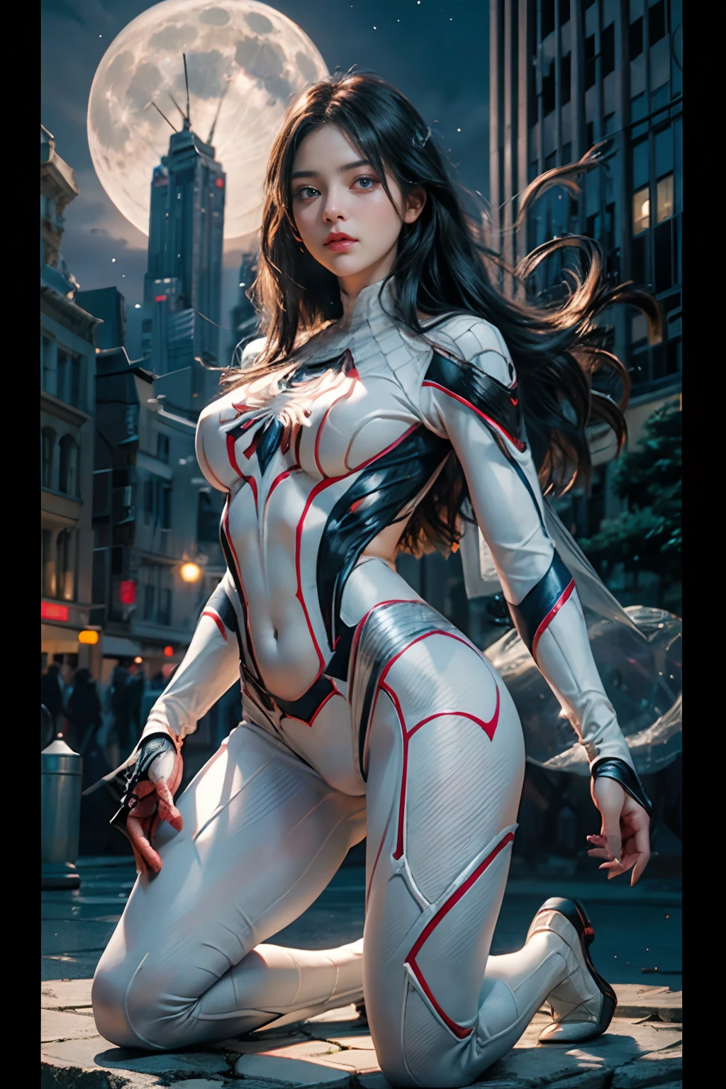 (masutepiece, 4K resolution, Ultra-realistic, Highly detailed), Photorealistic: 1.2, Sharp Focus, girl, (White Suit Spider-Man, Charisma, (White Spider-Man over town), She's a superhero) , 20 years old, (long white hair: 1.2), Full body, (Blue eyes: 1.2), (Spider-Man pose), Beautiful face, Detailed face, Perfect proportions, The perfect hourglass figure, Huge breasts, thin waist, Navel, Crotch gap, Thigh, Jump from one building to another, (Cityscape, Night, Dynamic Lights), (fullmoon), Ultra high definition, Very realistic, Highly detailed, 4k painting, (Daughter in white Spider-Man costume on top