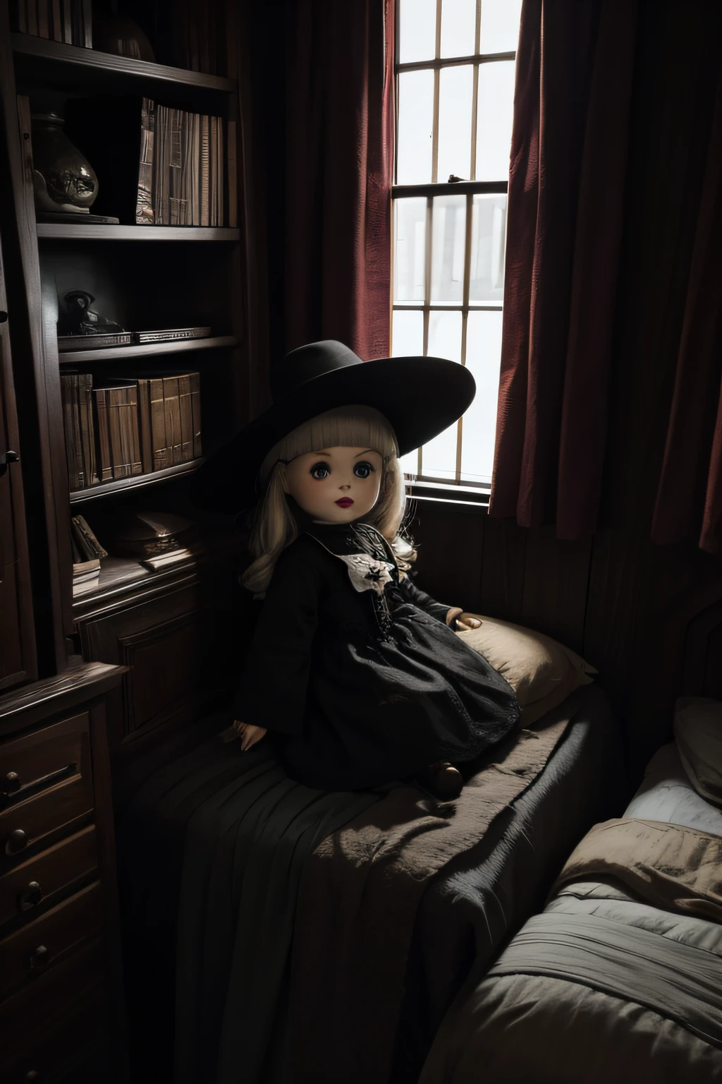creepy antique doll、creepy western doll、dim room、