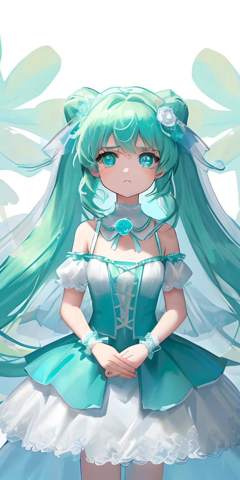 A big hand holding a little girl and a little girl in a Tiffany green dress playing with Tiffany green hair Tiffany green gradient blue little girl，The expression is not very happy Figure