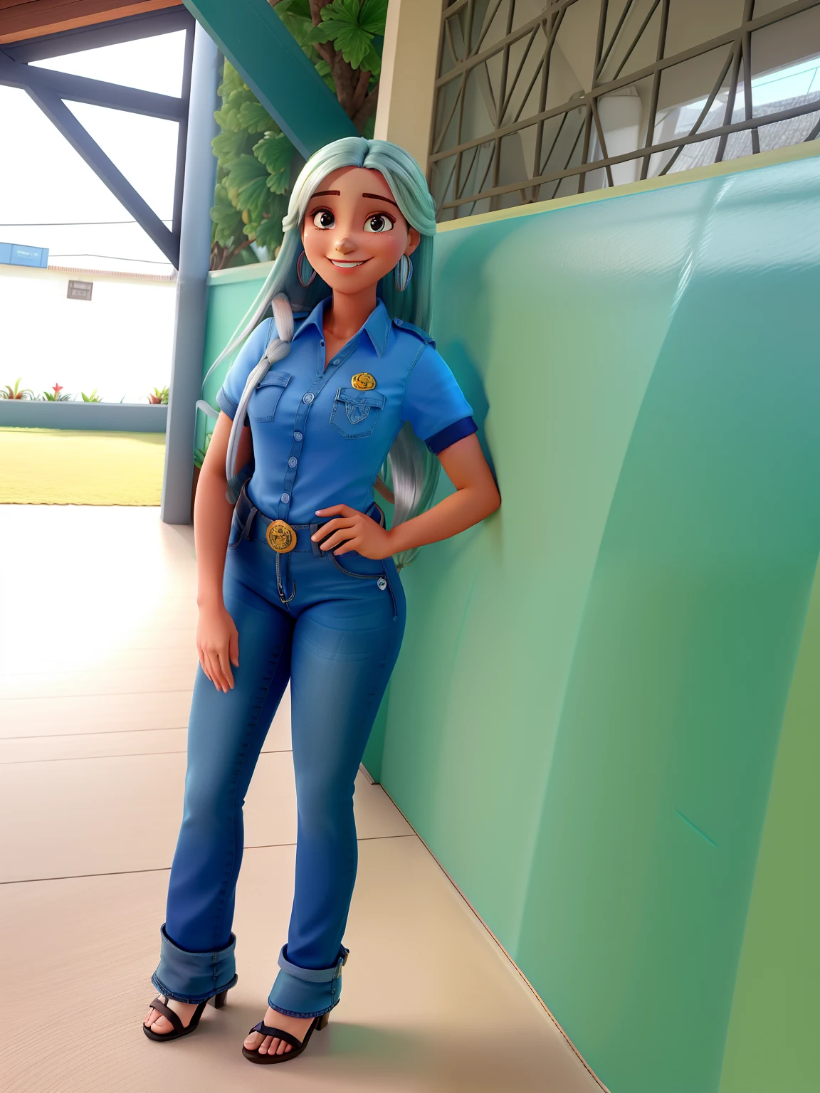 Uma mulher parado na frente, de corpo inteiro, blue shirt and jeans, with high-heeled sandal, cabelo longo
de cor preta, Smiling with badge and green background